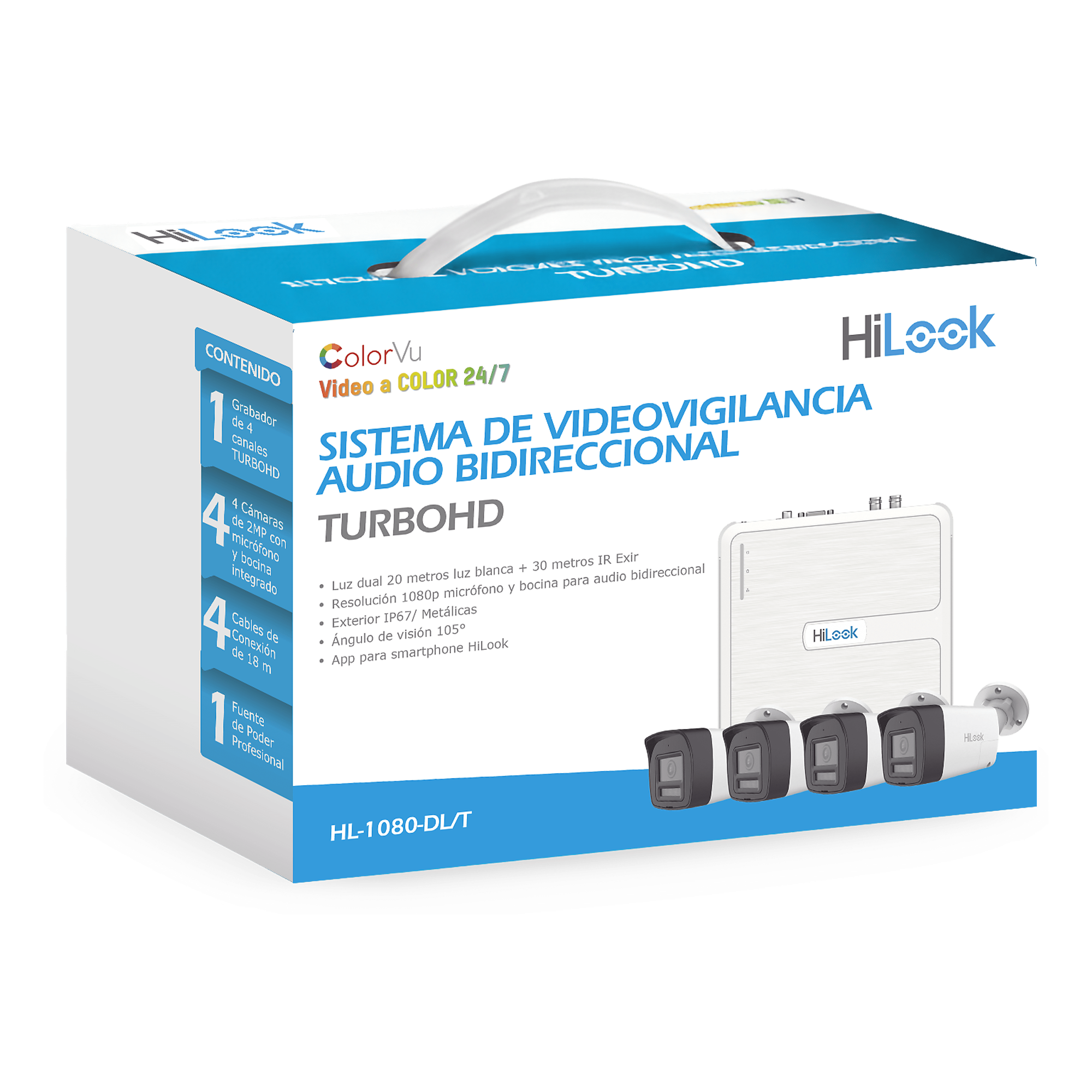 Kit TurboHD 1080p / DVR 4 canales / 4 Cámaras Bala de Policarbonato / Audio Bidireccional / Dual Light (IR + Luz Blanca) / H.265+ / 1 Fuente de Poder Profesional / Accesorios de Instalación — HiLook by HIKVISION · SKU HL-1080-DL/T