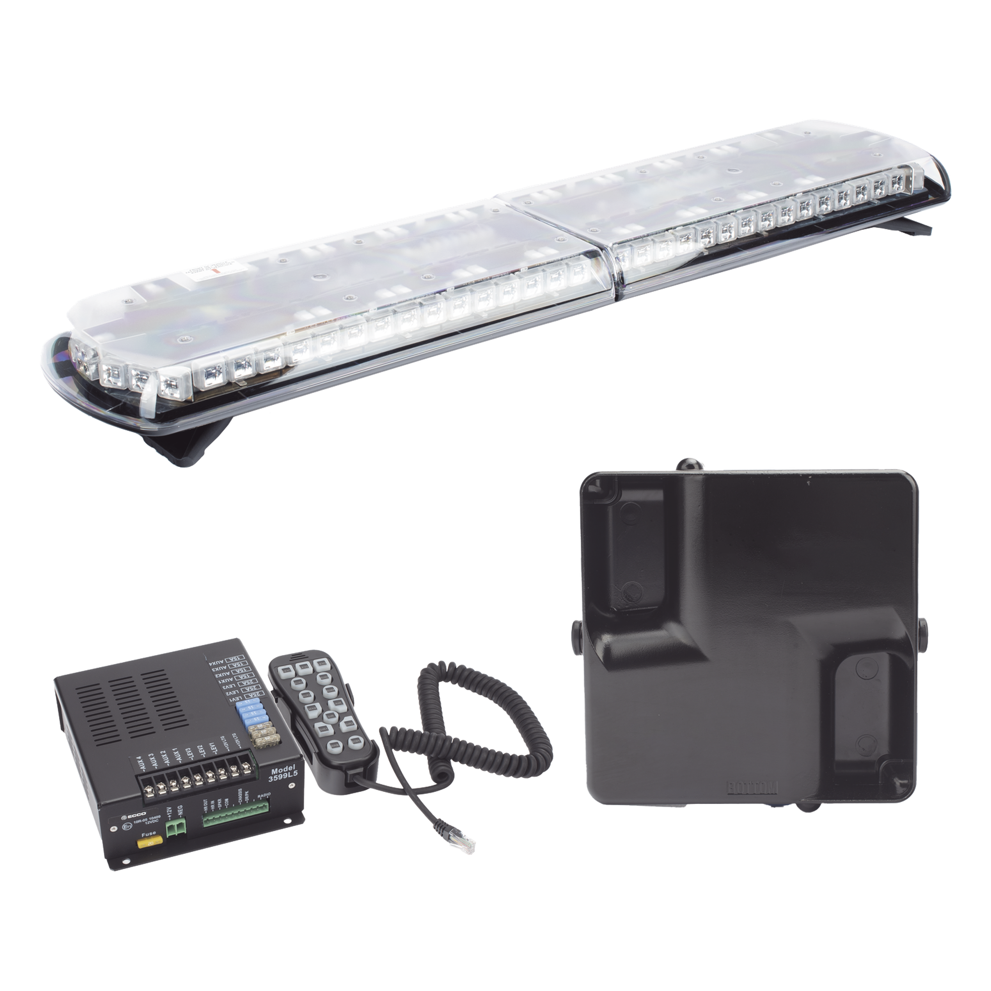 Kit de Sirena Vehicular H2 Covert, Bocina ultradelgada y Torreta 48" Serie 12 con 130 LED, dual color rojo/azul/claro/ambar, ideal para equipar unidades de policia — ECCO · SKU 12TR48KIT130C
