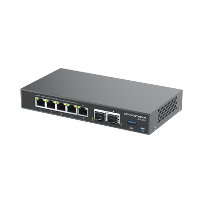 4 en 1: Firewall Nueva Generación, Router, IP PBX (24 usuarios / 8 llamadas), Switch Gigabit de 5 Puertos (4 PoE) y 2 Puertos SFP 2.5 Gigabit