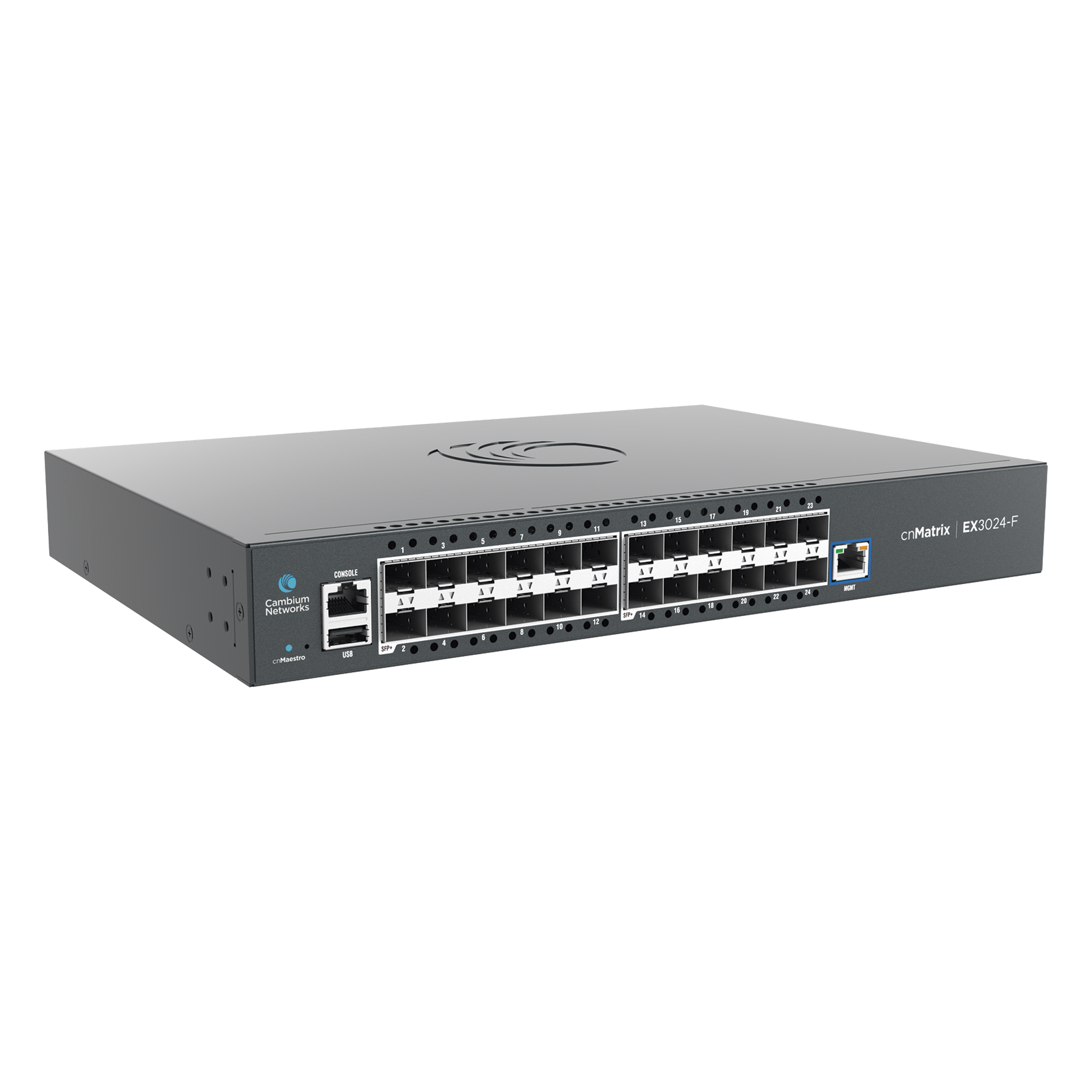 Switch cnMatrix EX3024F Ideal para Distribución en una Red Empresarial / 24 Puertos de Fibra Óptica SFP+(10 Gbps) / Capa 2 y Capa 3 / Doble Fuente de Alimentación en Corriente Alterna / Gestión Gratuita Desde la Nube — CAMBIUM NETWORKS · SKU MXEX3024XFXA00