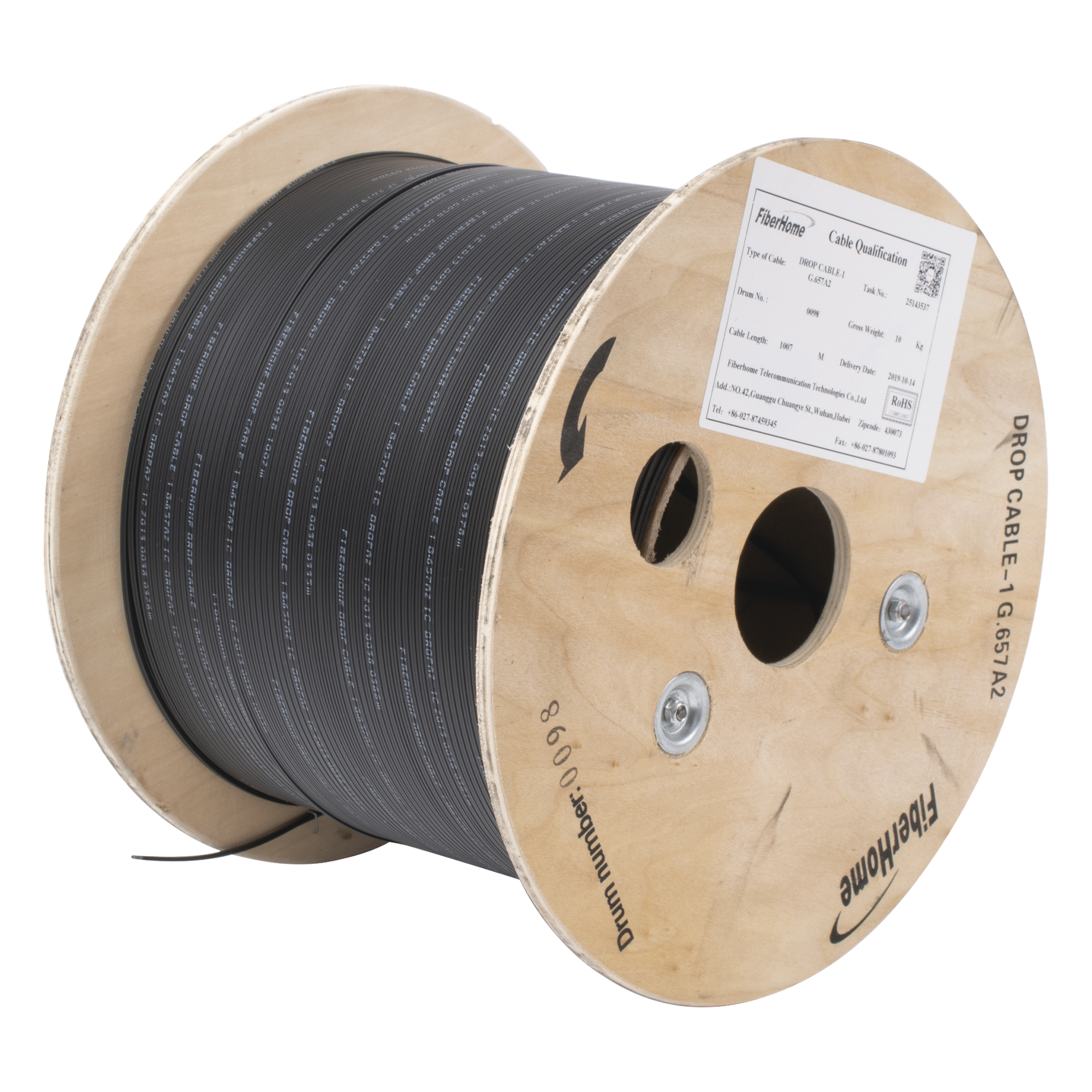 Carrete de 1 km de Fibra Óptica Drop, Interior/Exterior G.657A2 Monomodo de 1 Hilo (Unifibra), Dieléctrica, Forro Negro — LINKEDPRO BY FIBERHOME · SKU IC-DROPA2-1C