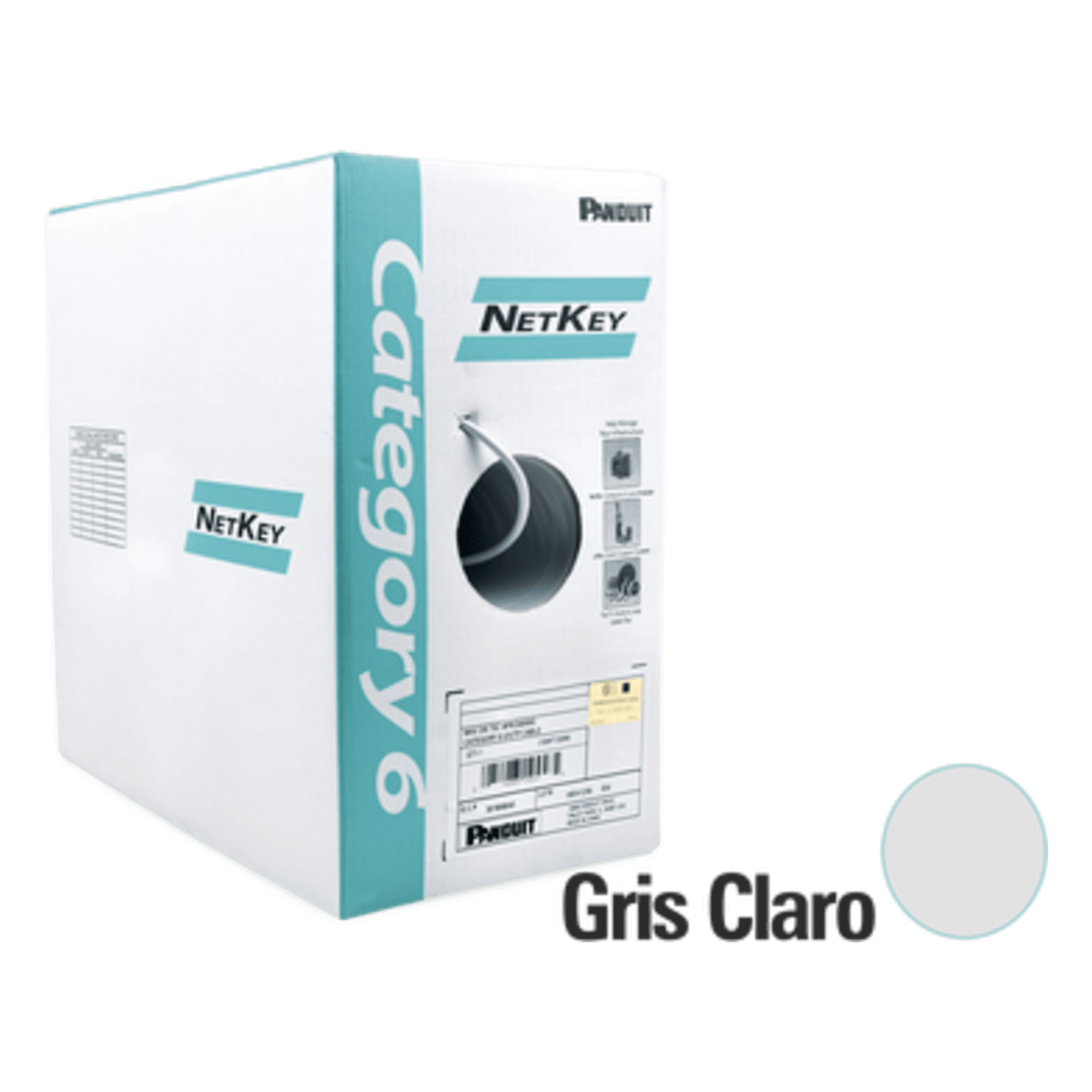 Bobina de Cable UTP de 305 Metros (1000 Pies) de Cobre, NetKey, Gris Claro, Categoría 6 (24 AWG), 1000Mbps, Riser (CMR), de 4 Pares — PANDUIT · SKU NUR6C04IG-M