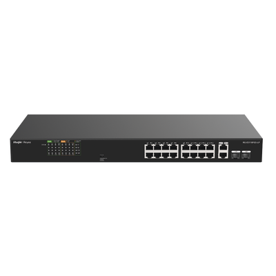 Switch PoE+ no Administrable, Hasta 120 Watts, Ideal para CCTV, 16 Puertos PoE +10/100, 2 Uplinks Gigabit y 2 SFP COMBO — RUIJIE · SKU RG-ES118FGS-LP