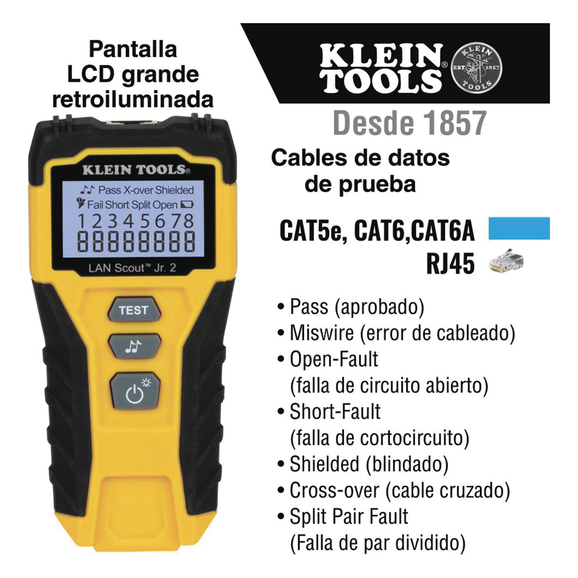 Tester de Cable LAN Scout™ Jr. 2/ Para: Prueba aprobada/ Error de Cableado/ Falla de Circuito Abierto o Cortocircuito/ Par Dividido/ Blindaje.