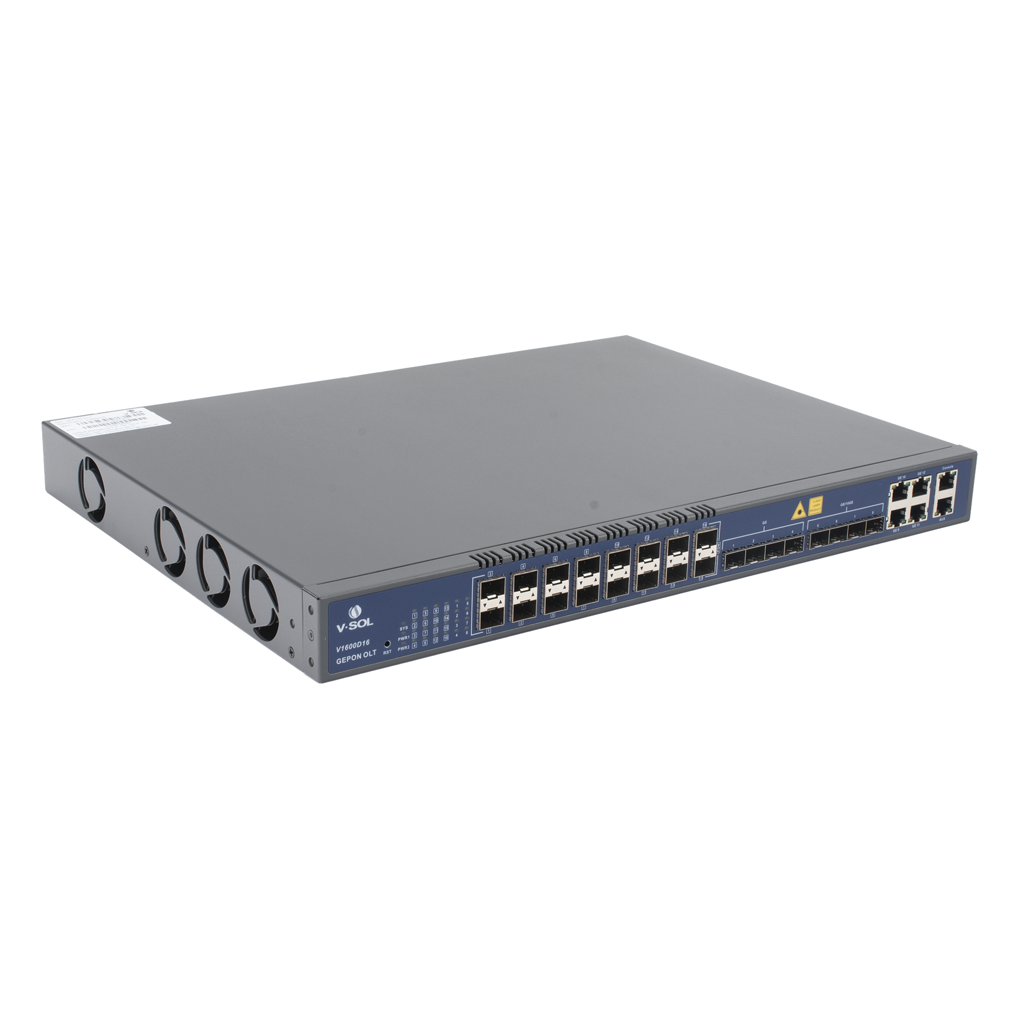 OLT de 16 puertos EPON con 12 puertos Uplink (4 puertos Gigabit Ethernet + 4 puertos SFP + 4 puertos SFP+) , hasta 1,024 ONUS — V-SOL · SKU V1600-D16