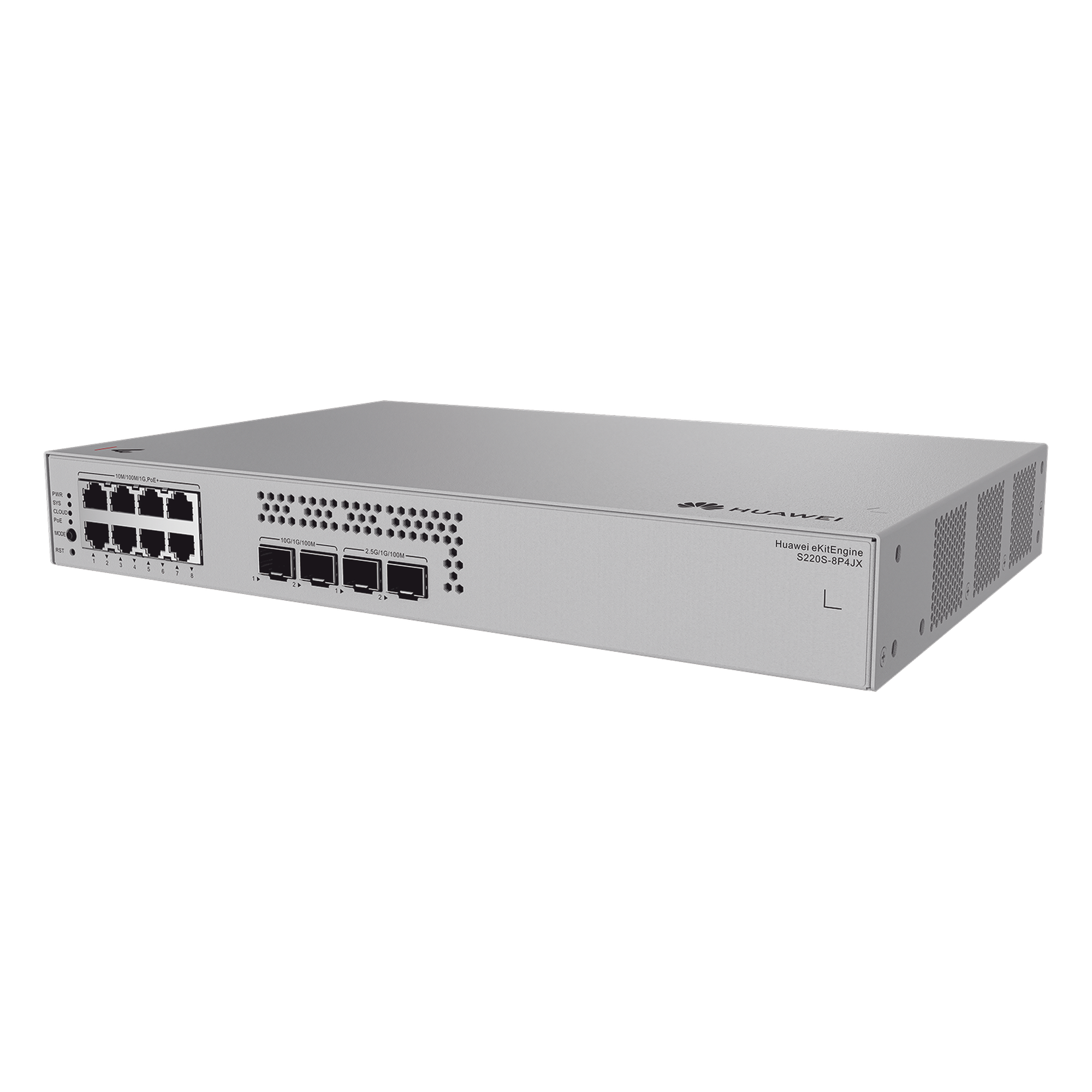 Switch de Acceso eKit Administrable / Capa 2 / 8 Puertos PoE+ Gigabit + 2 SFP + 2 SFP+ / PoE Perpetuo / Presupuesto PoE 128 W / Sin licenciamiento — HUAWEI · SKU S220S-8P4JX