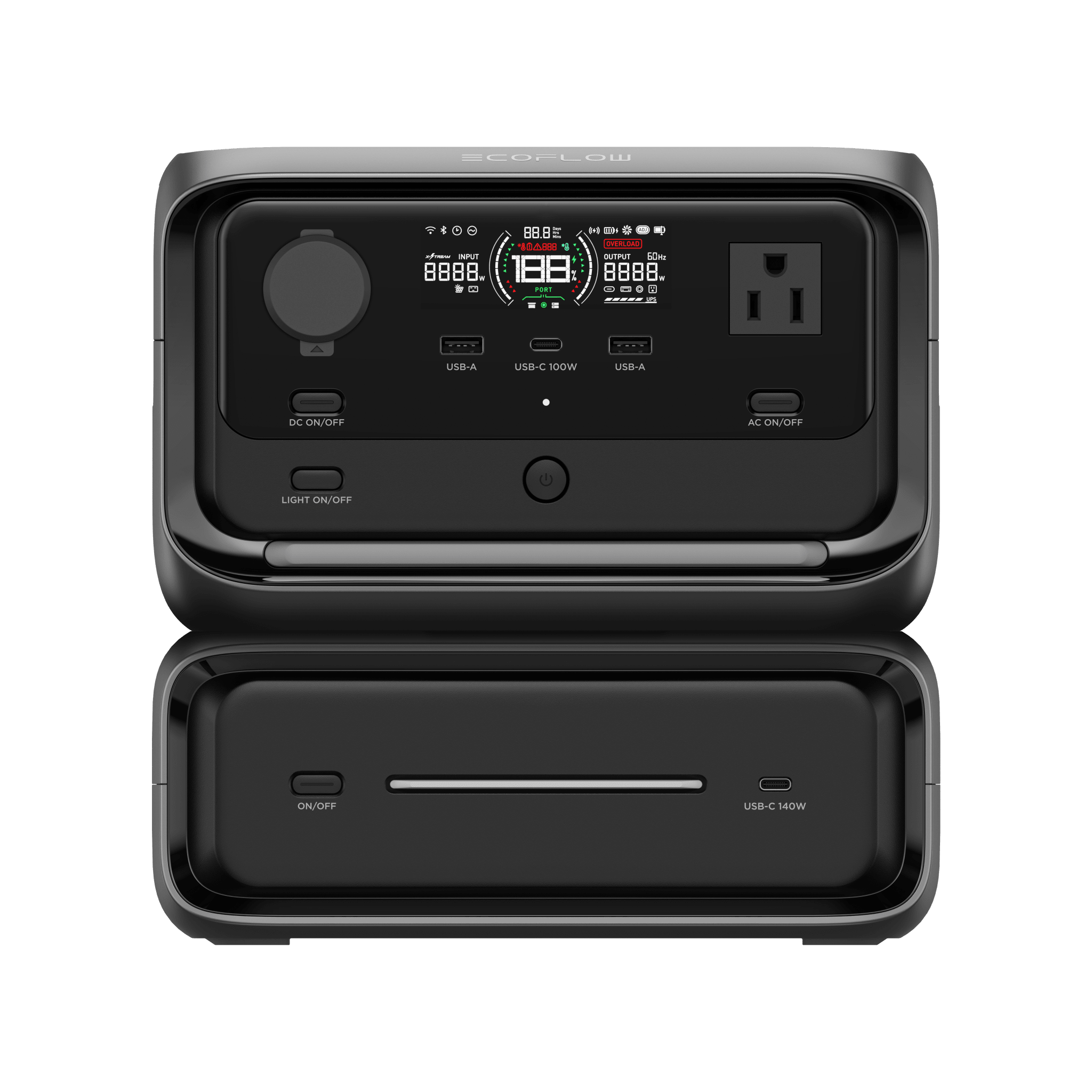 EcoFlow River 3 Plus | Estación de Energía Portátil 572Wh Litio LFP / 4 AC 800W (Max. 1600W) / 1 USB-C 100W / 3 USB -A 12W / Cargador de Coche 10A, 126W Max. / Conectividad WiFi y Bluetooth (App) / Carga Solar 220W Max.