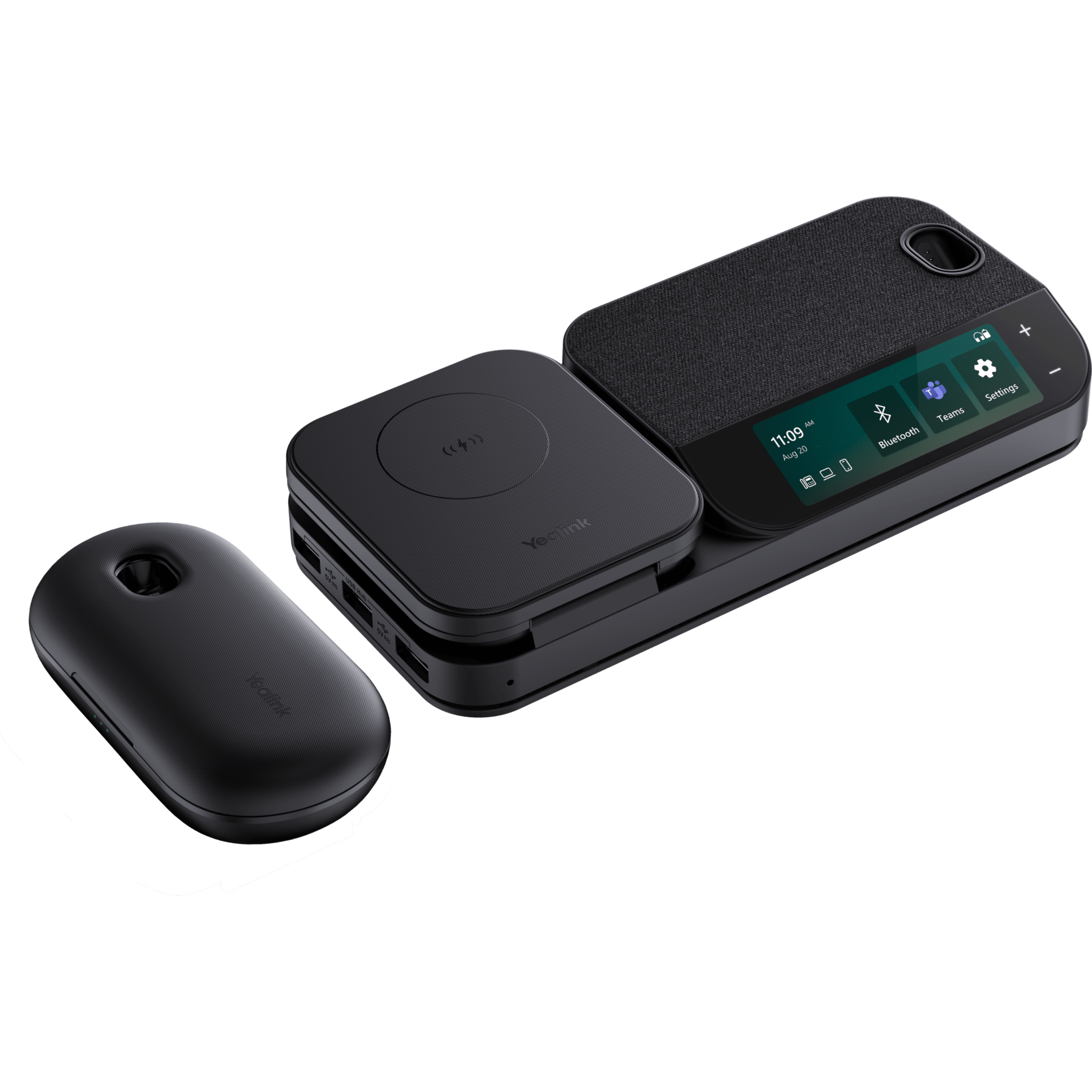 Sistema de Auricular Bluetooth Mono / Cancelación de Ruido 4-Mic / Autonomía 30h / Pantalla Táctil 3' / Conectividad USB-C/A / Carga Inalámbrica Qi 15W