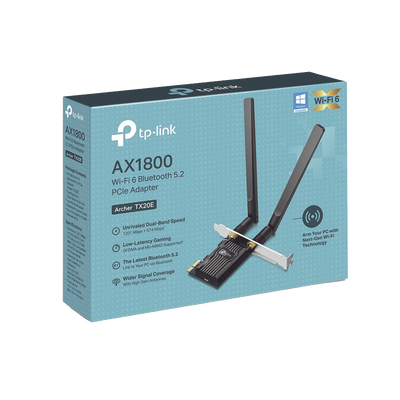 Adaptador PCIe inalámbrico doble banda AX1800 Mbps / Seguridad Inalámbrica WPA3 /Antena de alta ganancia / Tecnología MU-MUMO 2X2 / Soporte de perfil bajo y Altura completa / Bluetooth 5.2