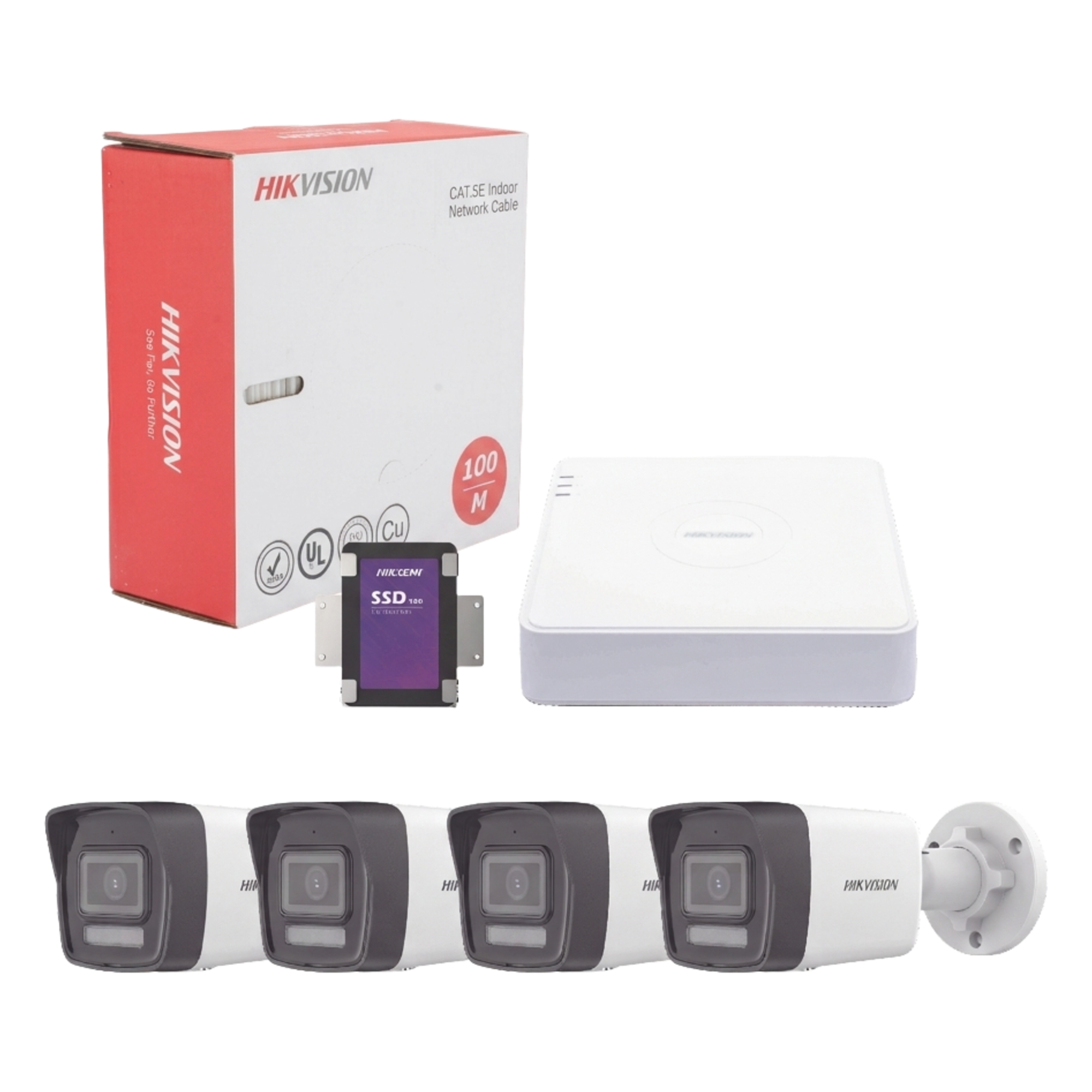 Kit IP 4 Megapixel / NVR de 4 Canales con 4 Puertos PoE / 4 Cámaras IP Bala Dual Light (IR + Luz Blanca) con Microfono Integrado y ACUSENSE Lite para Exterior/ Bobina de Cable de 100 mts / SSD de 1 TB — HIKVISION · SKU KIT4MP/4B/1TB