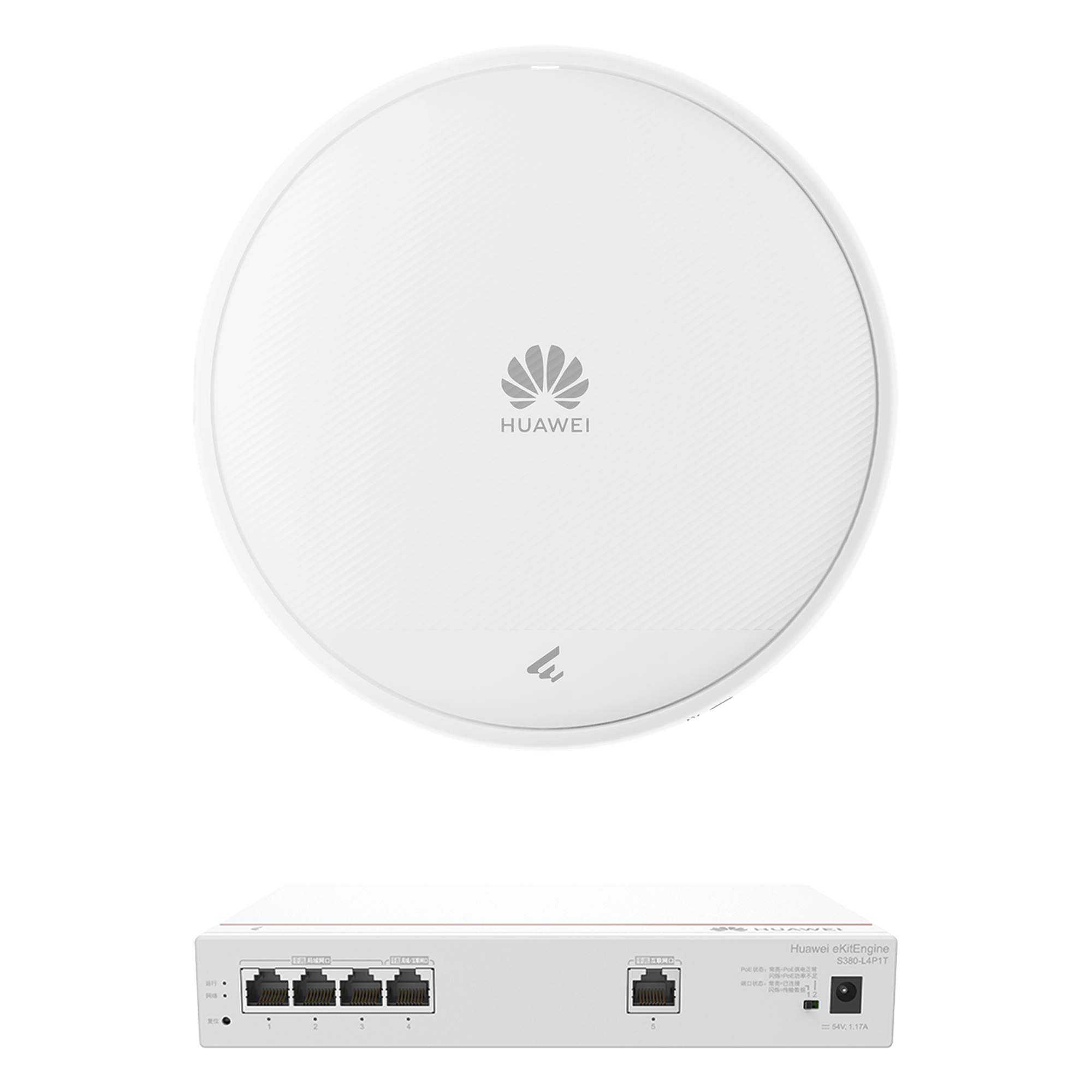 Kit de Router Multi-Servicio / 1 puerto 10/100/1000 Mbps(WAN) / 4 puertos 10/100/1000 Mbps(LAN) PoE / 50W + Punto de Acceso Wi-Fi 7 / 3.57 Gbps / MU-MIMO 2x2 (2.4GH y 5GHz) / Smart Antenna más cobertura / Instalación en techo y pared — HUAWEI · SKU KIT380AP371
