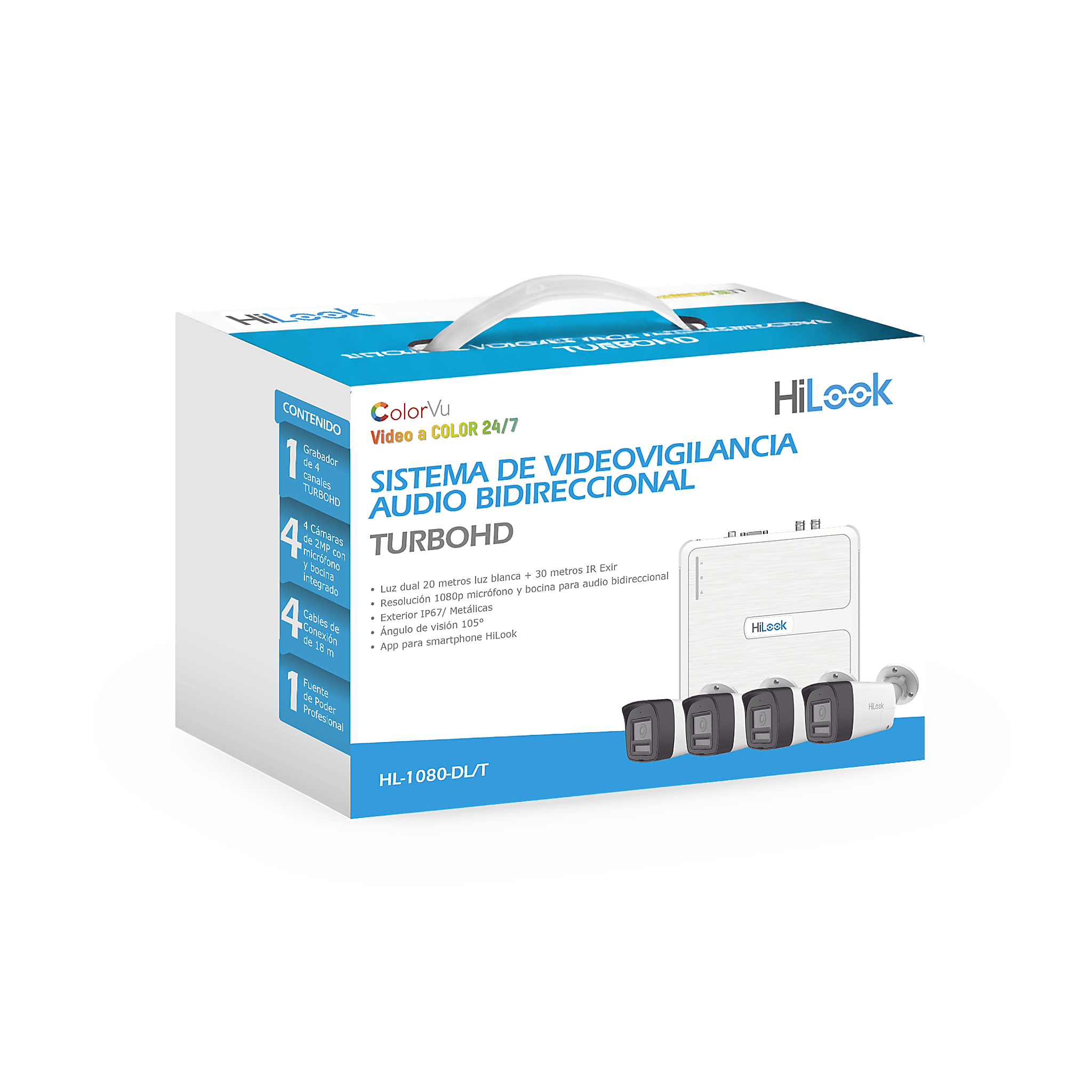 KIT TurboHD 1080p / DVR 4 canales / 4 Cámaras Bala de Metal / H.265+ / 1 Fuente de Poder Profesional / Accesorios de Instalación