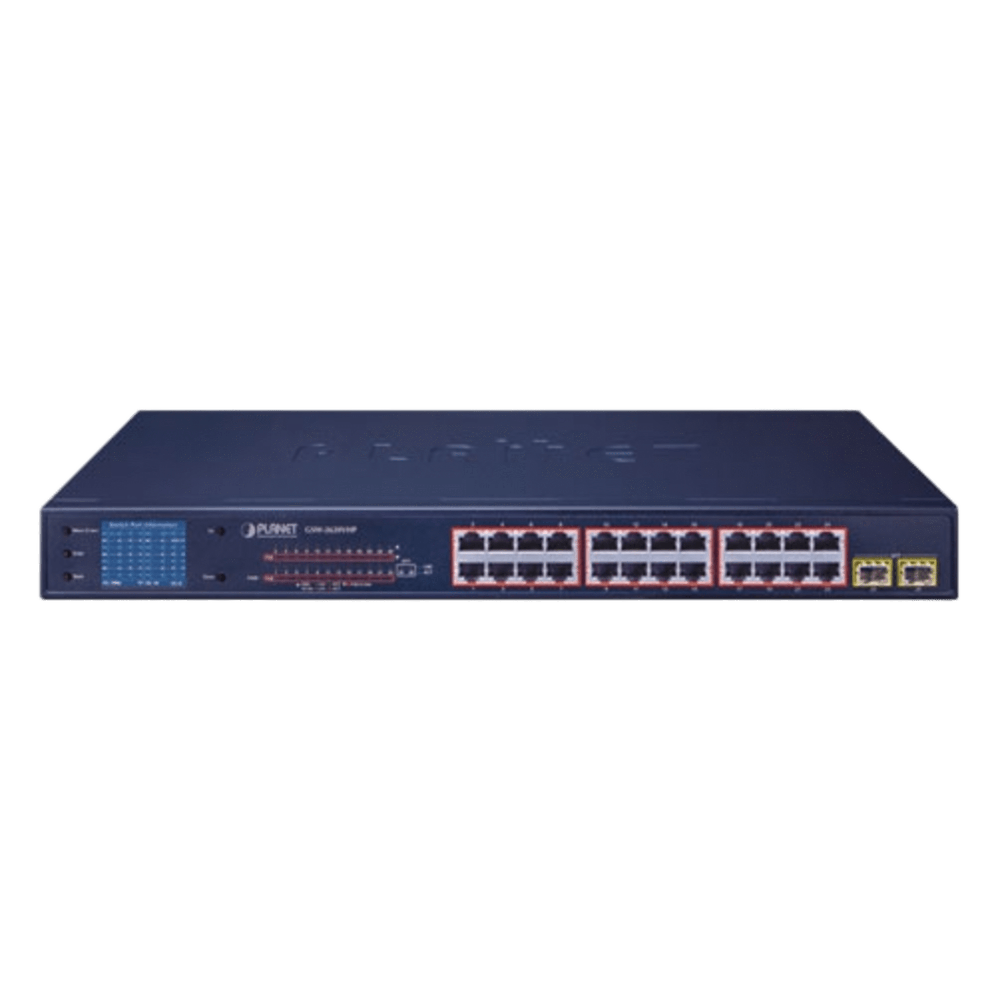 Switch PoE de 24 Puertos Gigabit 802.3af/at con Modo Extendido 250 m, 2 Puertos SFP 1000SX , Pantalla LCD para Configuración Básica, Hasta 300 W para PoE