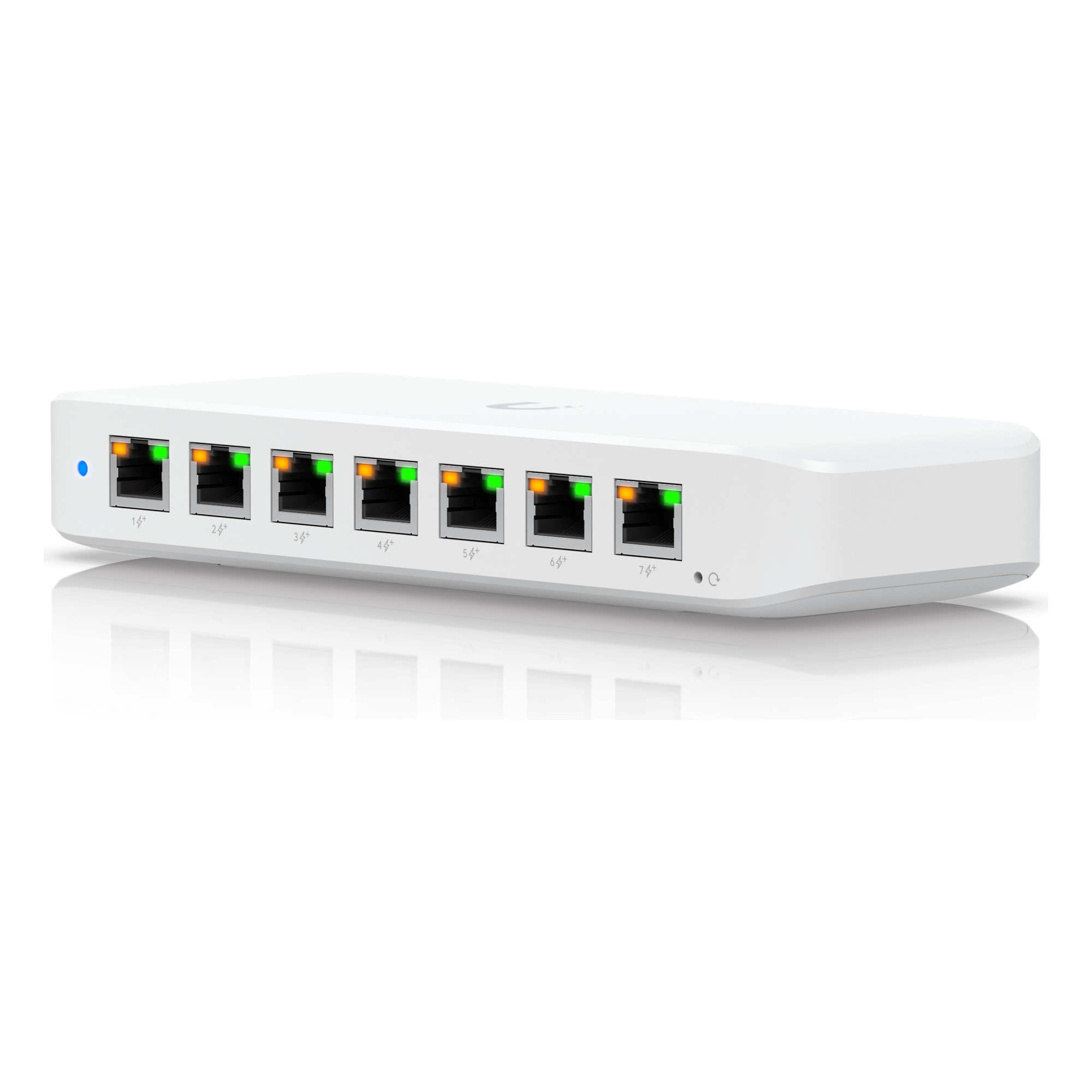 USW Ultra 60W Switch de 8 Puertos GbE (7 Puertos PoE+ y 1 Puerto Entrada PoE++) con Opciones de Montaje Versátiles — UBIQUITI · SKU USW-ULTRA-60W