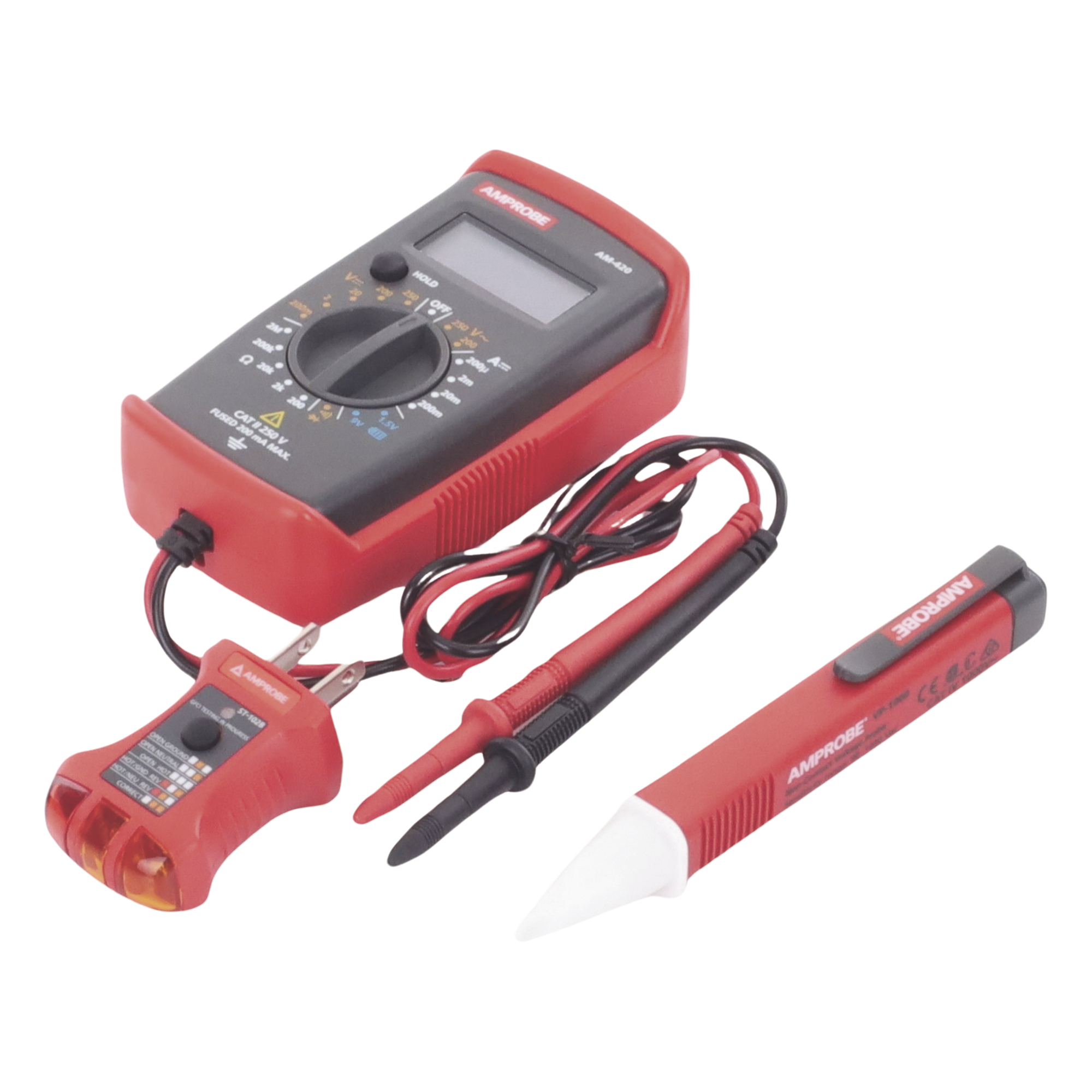 KIT Básico 3 en 1 con Multímetro Digital + Detector de Tensión sin Contacto + Comprobador de Fase GFCI — AMPROBE · SKU PK-110