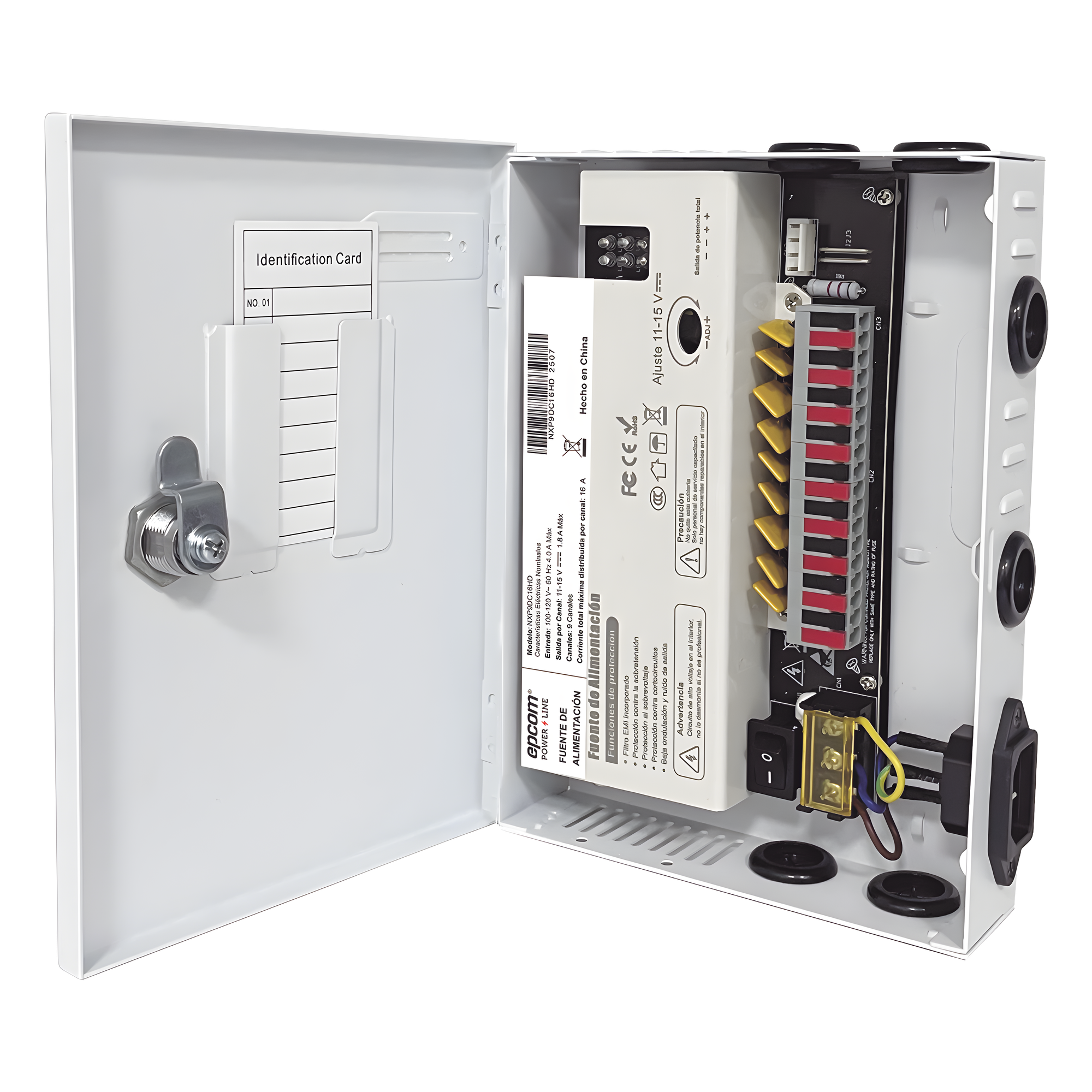 Fuente / 11-15 V / 9 canales / 16 A / Alta tecnología en seguridad / Doble ventilador / Hasta 1.8 Amperes por Salida / Filtro de ruido por canal / Diseño de alta gama. — EPCOM POWERLINE · SKU NXP9DC16HD