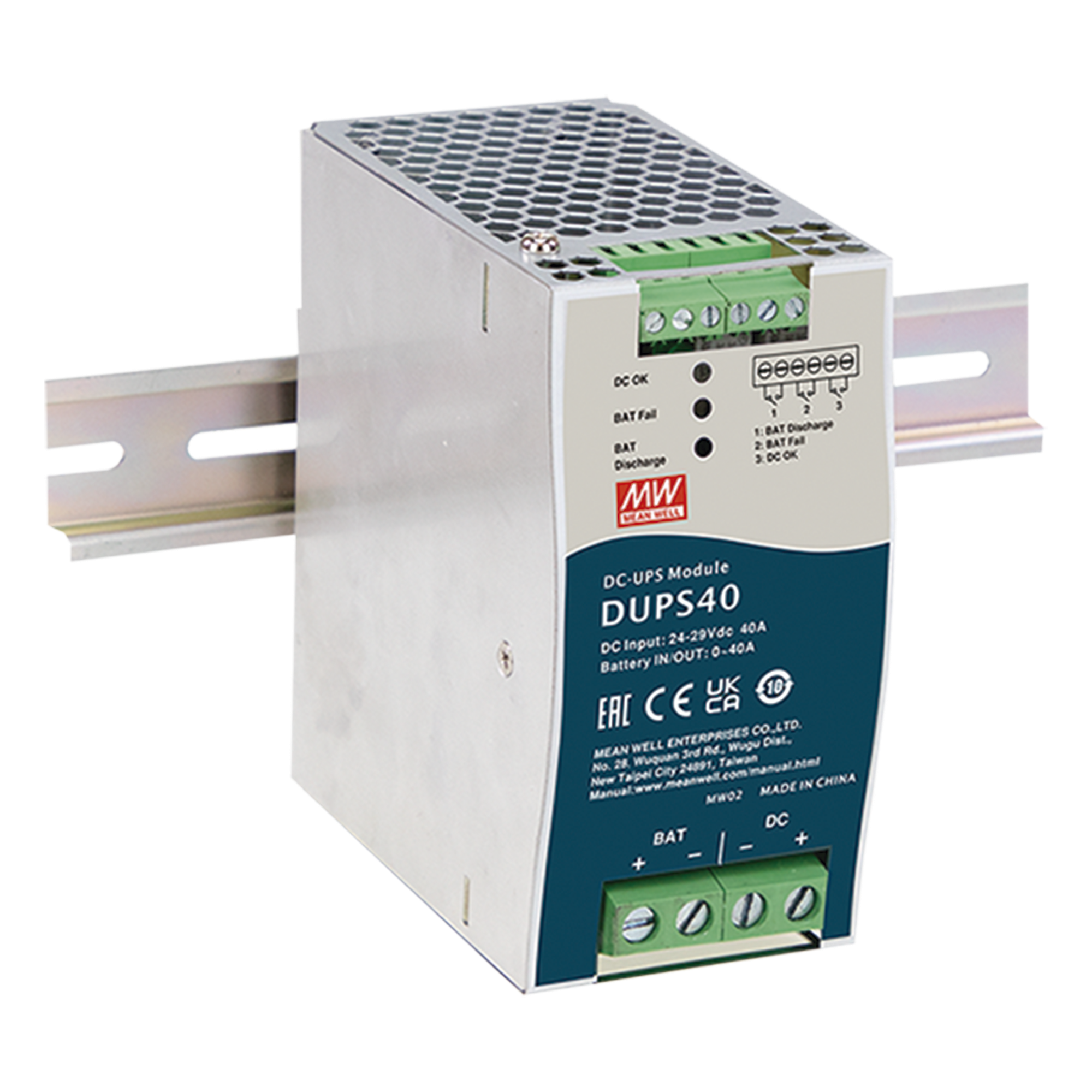 UPS PARA CD / 24VCD 40A / RIEL DIN / PARA BATERÍAS DE 4 A 135 AH — MEANWELL · SKU DUPS40