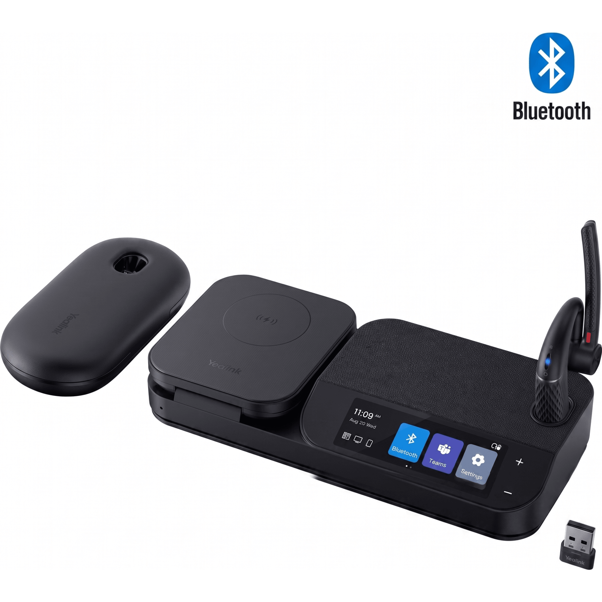 Sistema de Auricular Bluetooth Mono / Cancelación de Ruido 4-Mic / Autonomía 30h / Pantalla Táctil 3' / Conectividad USB-C/A / Carga Inalámbrica Qi 15W