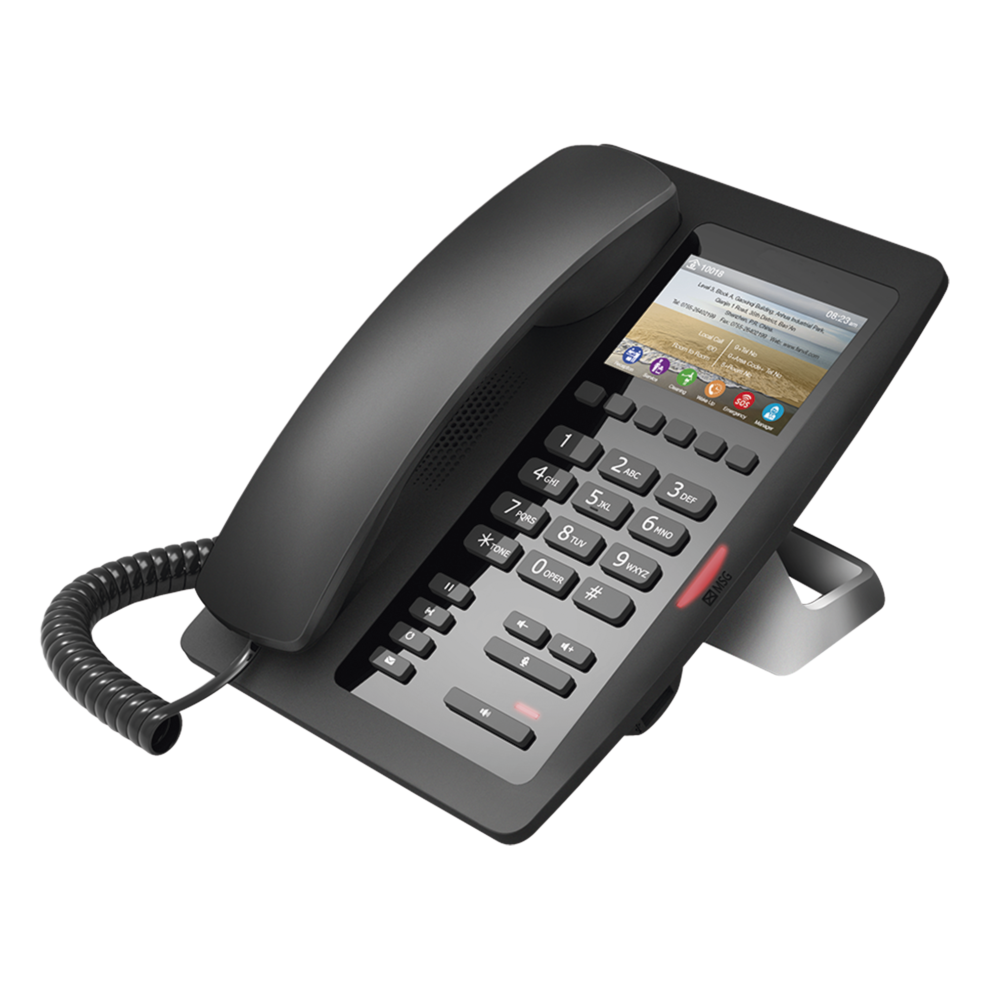 Teléfono IP Hotelero / Pantalla LCD Color 3.5" / 2 Líneas SIP / 6 Teclas Programables Hotline / Puerto USB Carga / PoE 802.3af / Personalizable con Logo Hotel — FANVIL · SKU H5