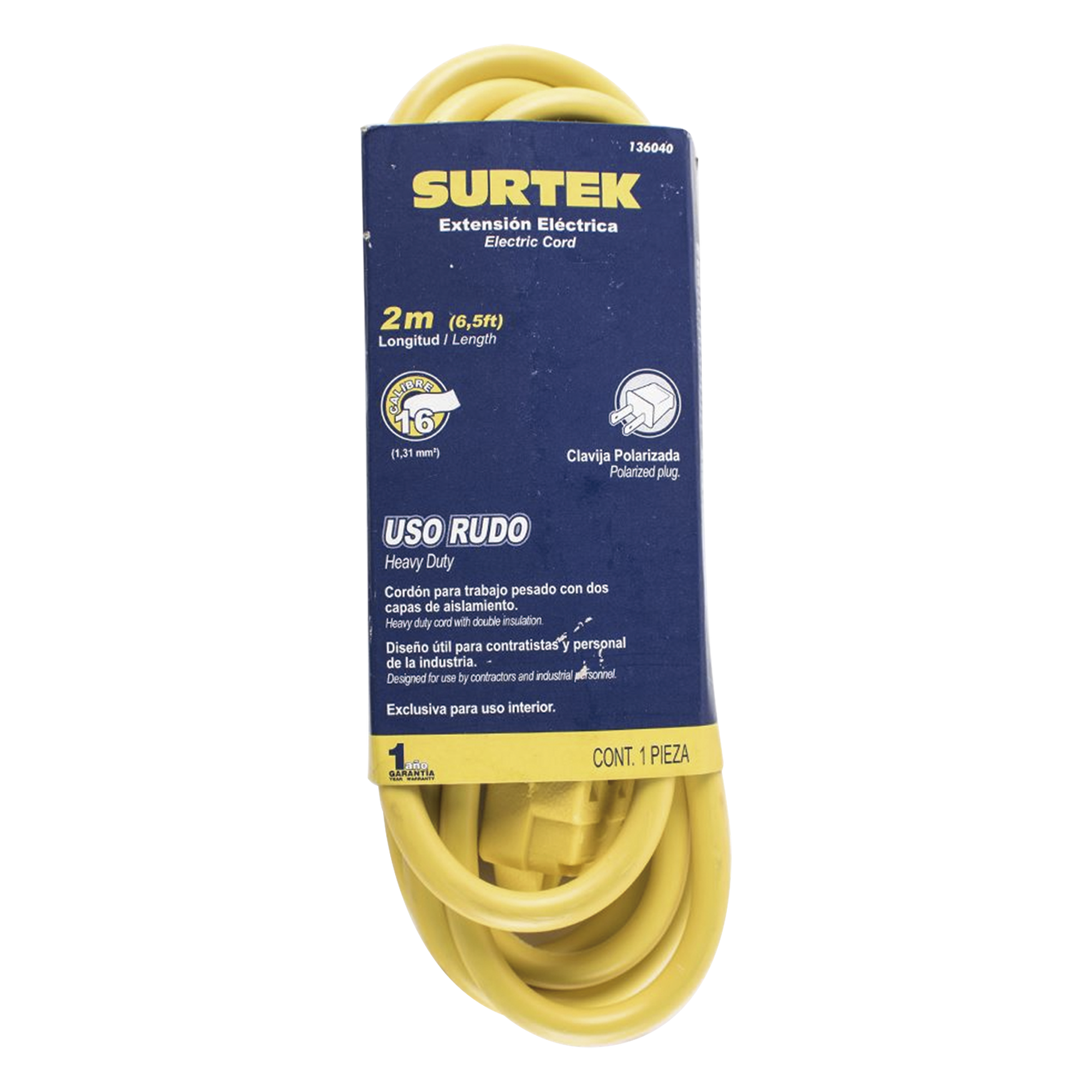 Extensión Eléctrica de Uso Rudo 2 metros / 127 V CA 10 A Máximo / Color Amarillo. — SURTEK · SKU SYS-136040