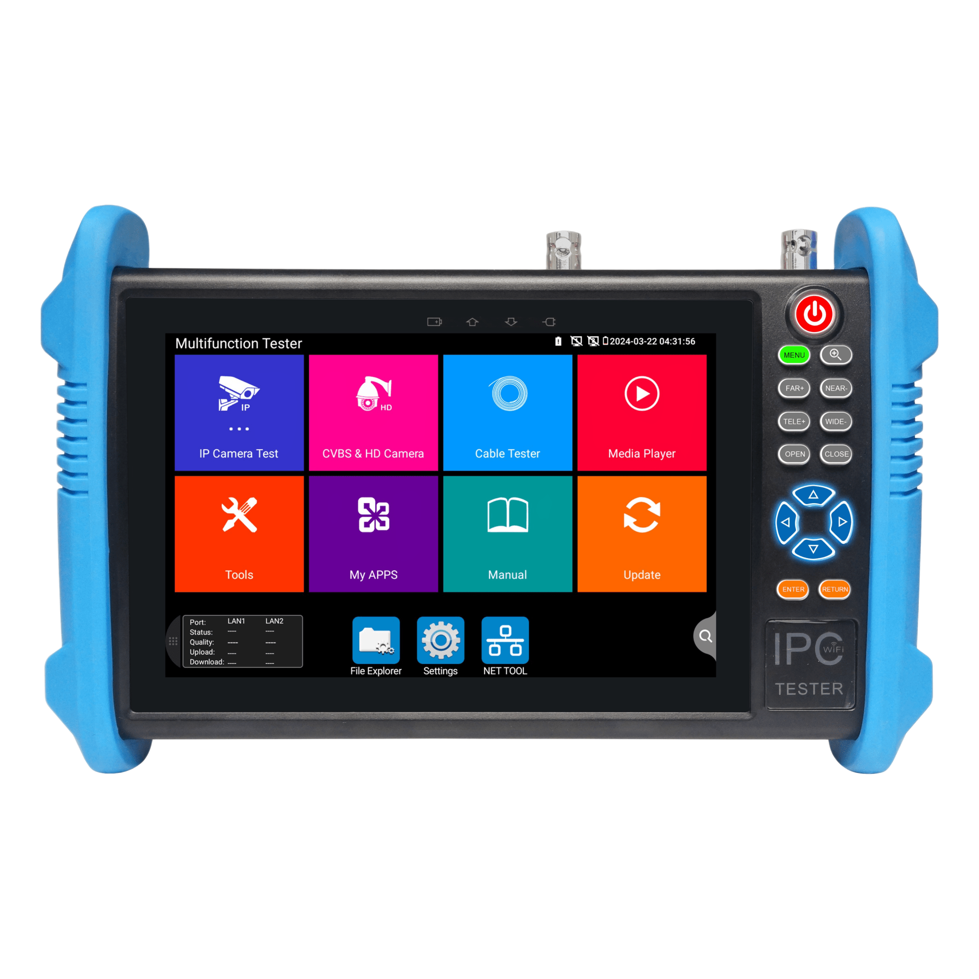 Tester de Video Profesional | Pantalla 7"| Prueba IP/HD/Analógicas | TVI/CVI/AHD/CVBS | IP ONVIF | 4K/8K | H.264/H.265 | HDMI | PTZ | Scanner IP | TDR | Salidas 12V/24V/PoE | Activación Simultanea. — EPCOM · SKU TPTURBO8K(BT)