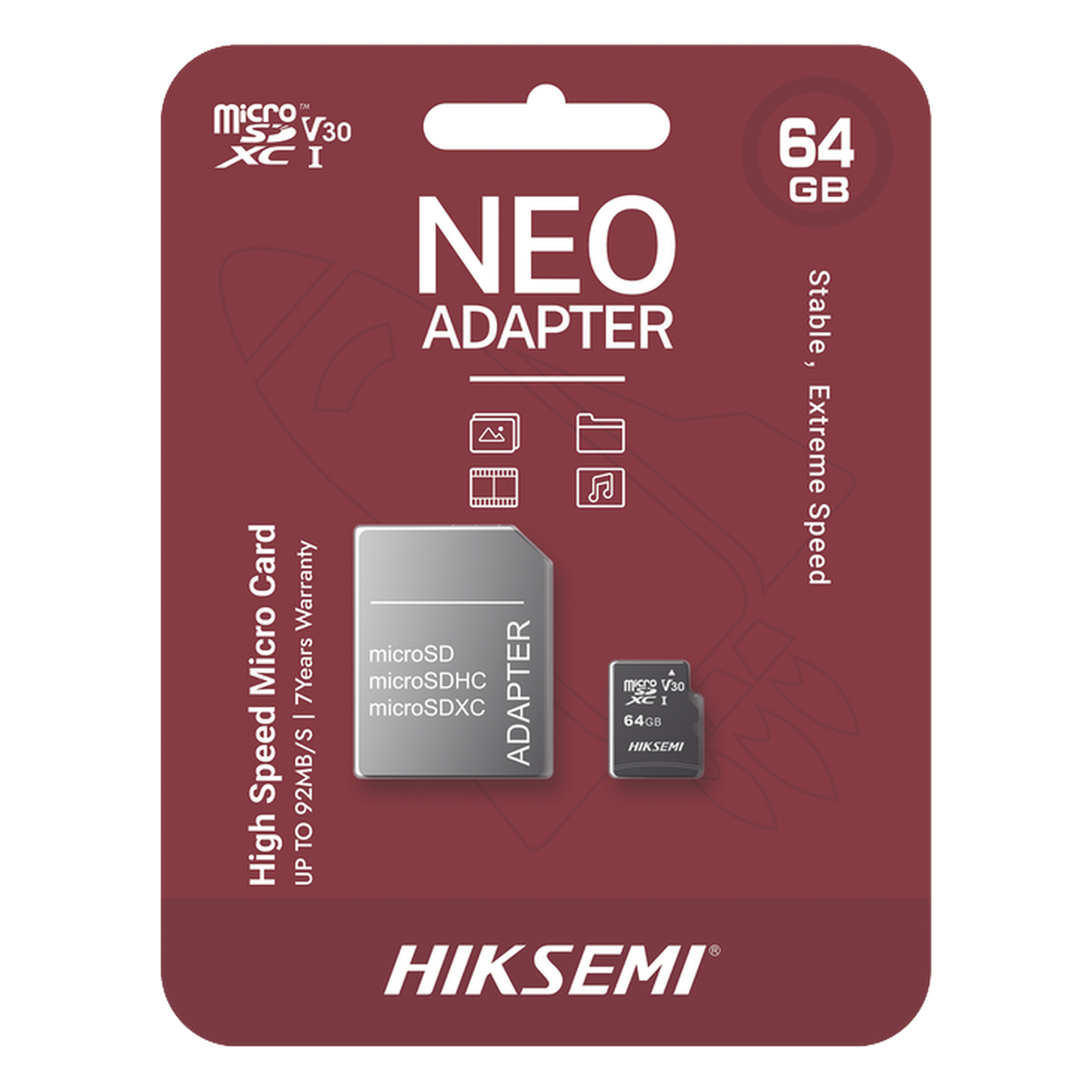 Memoria microSD con Adaptador / 64 GB / Clase 10 / Lectura 92 MB/s / Escritura 30 MB/s / NAND TLC / Resistente a Agua y Golpes — HIKSEMI by HIKVISION · SKU HS-TF-C1/64G/NEO/A