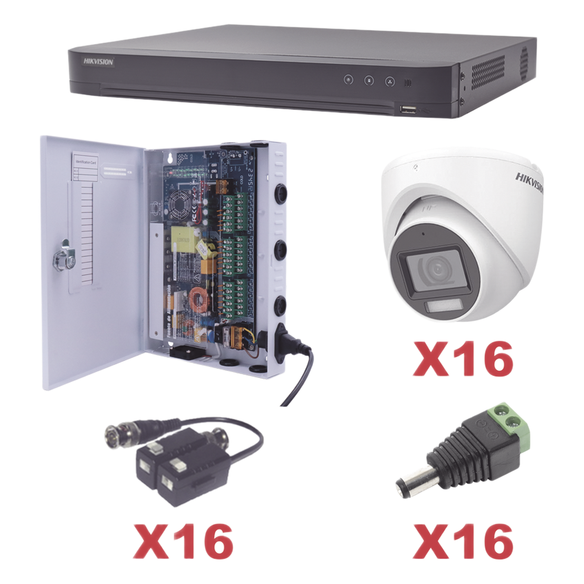 KIT TurboHD 1080p / DVR 16 Canales / 16 Cámaras Turret con Audio Integrado (Exterior 2.8 mm) / Transceptores / Conectores / Fuente de Poder Profesional — HIKVISION · SKU KH1080P16DW