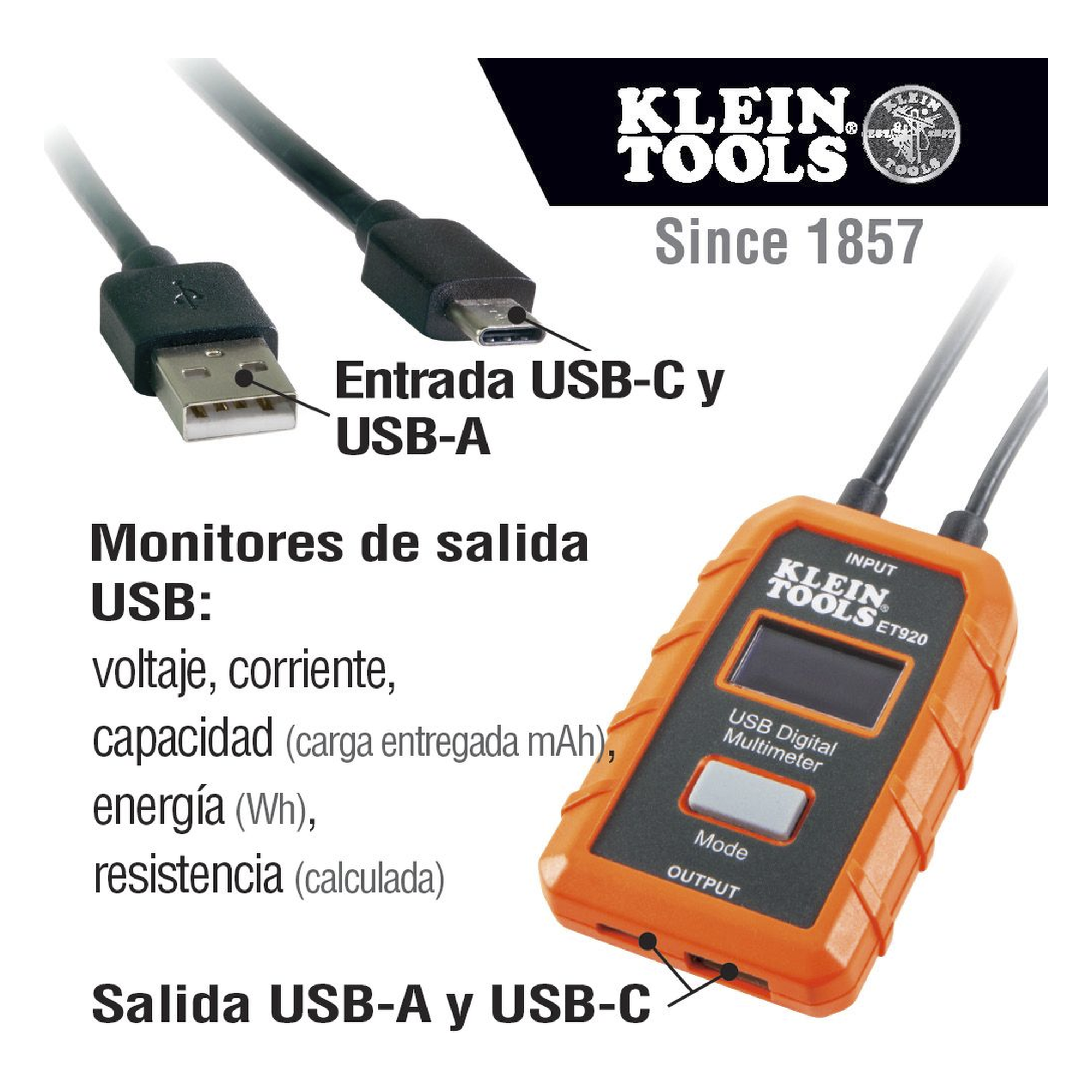 Multímetro digital USB para USB-A y USB-C.