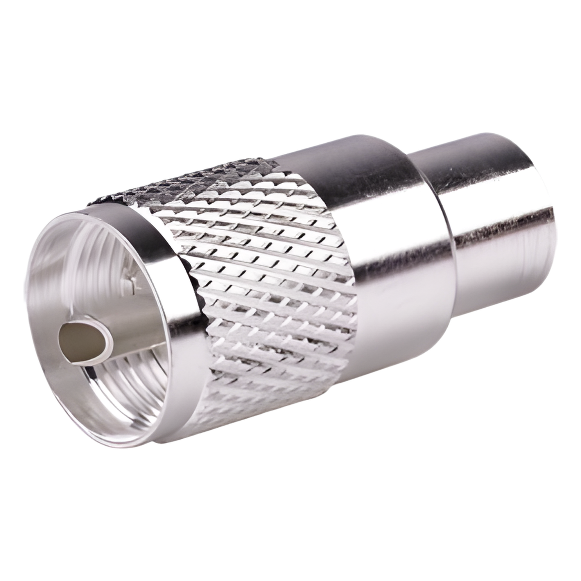 Conector UHF Macho (PL-259) para cables LP-400, RG-8/U, RG-8U-SYS, 8237, 8267, 8268, 9913, CTN-400, 7810, 8214, 7810A, RFLASH-1113, LMR-400, Plata (Concha-Níquel)/ Plata/ D.A.P. (Fibra Sintética) — RF INDUSTRIES,LTD · SKU RFU-500