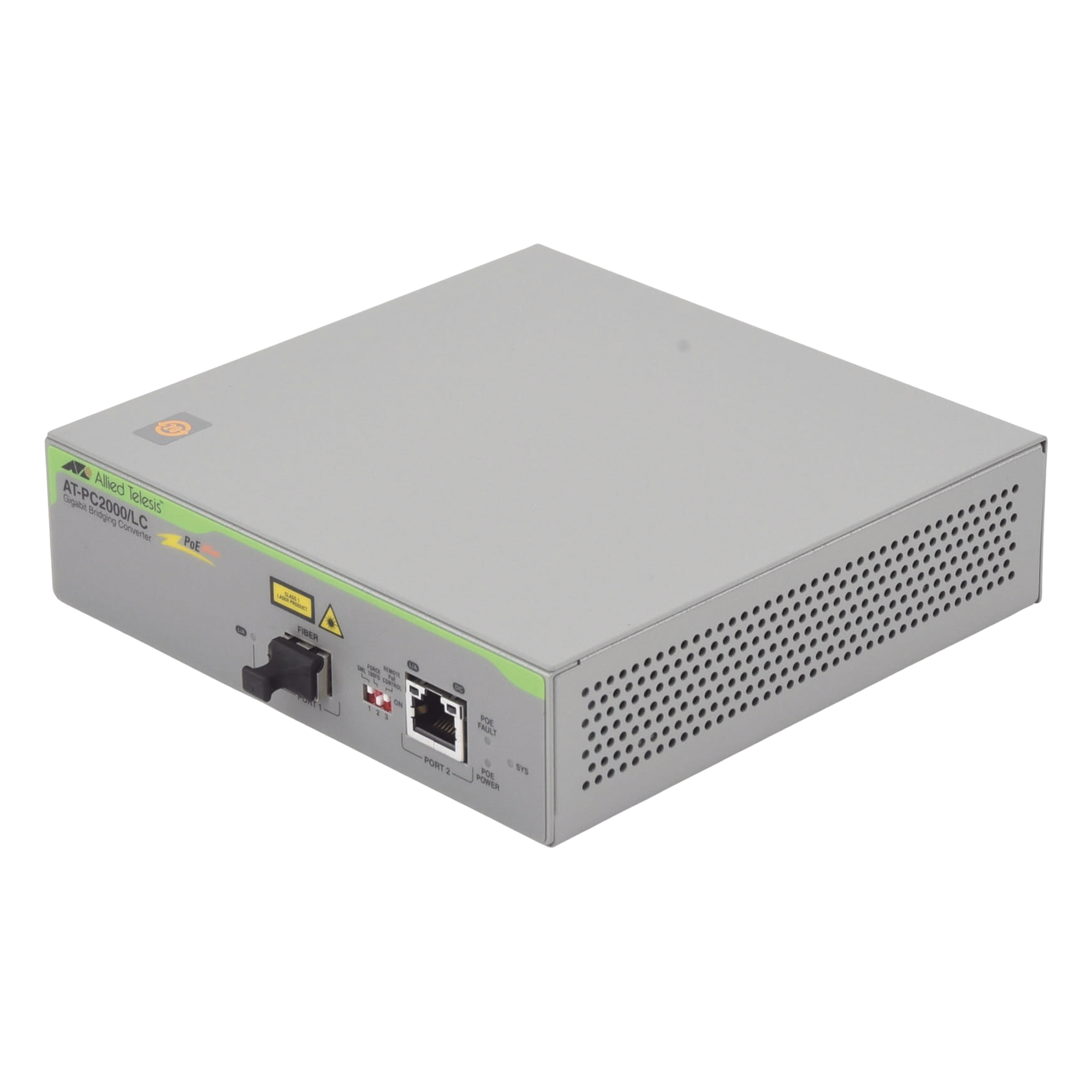 Convertidor de medios Gigabit Ethernet PoE+ a fibra óptica, conector LC, multimodo (MMF), distancia hasta 550 m — ALLIED TELESIS · SKU AT-PC2000/LC-960