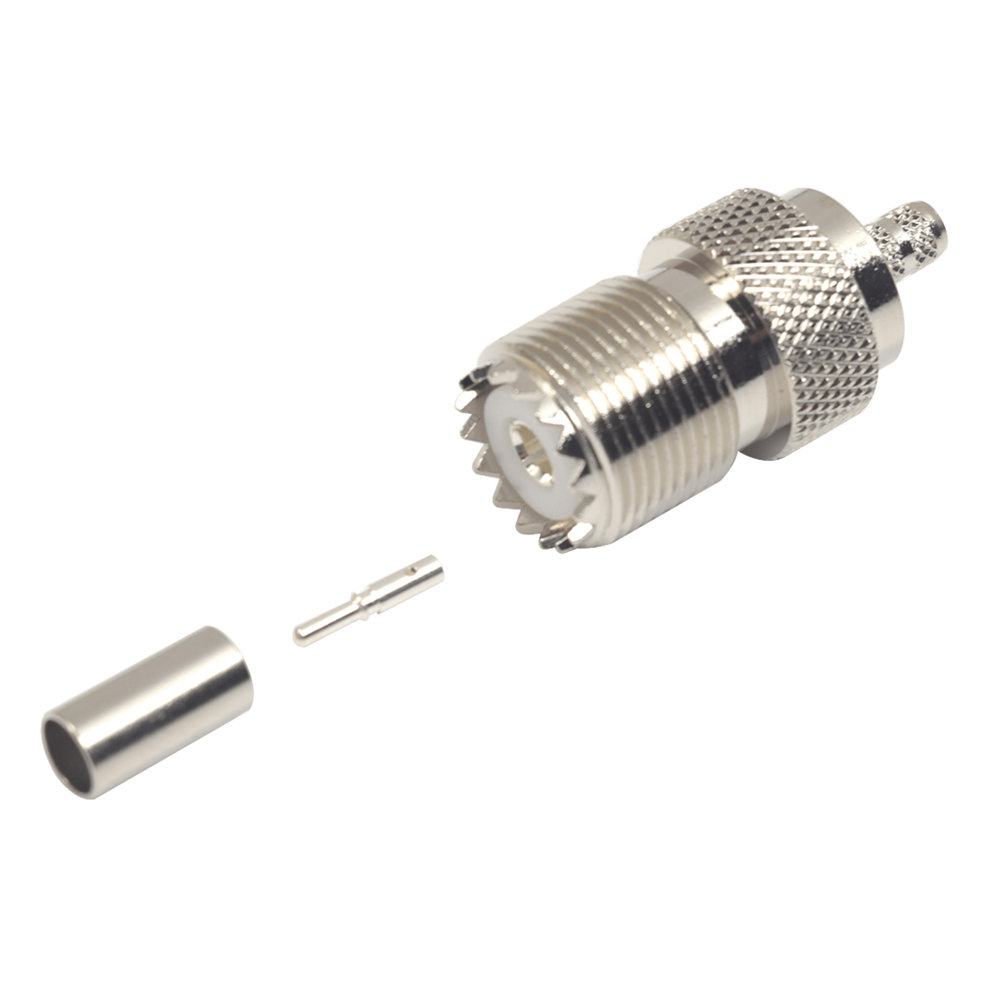 Conector UHF Hembra (SO-239) en Línea, de Anillo Plegable para Cable RG-58/U, RG-142/U, Níquel/ Plata/ Delrin. — RF INDUSTRIES,LTD · SKU RFU-527