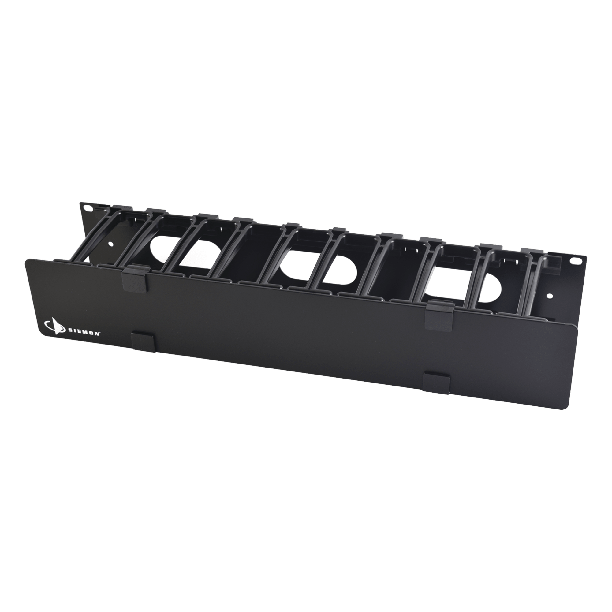 Organizador de Cable Horizontal RouteIT, Sencillo, Para Rack de 19in, 4in de profundidad, 2UR — SIEMON · SKU HCM-4-2U