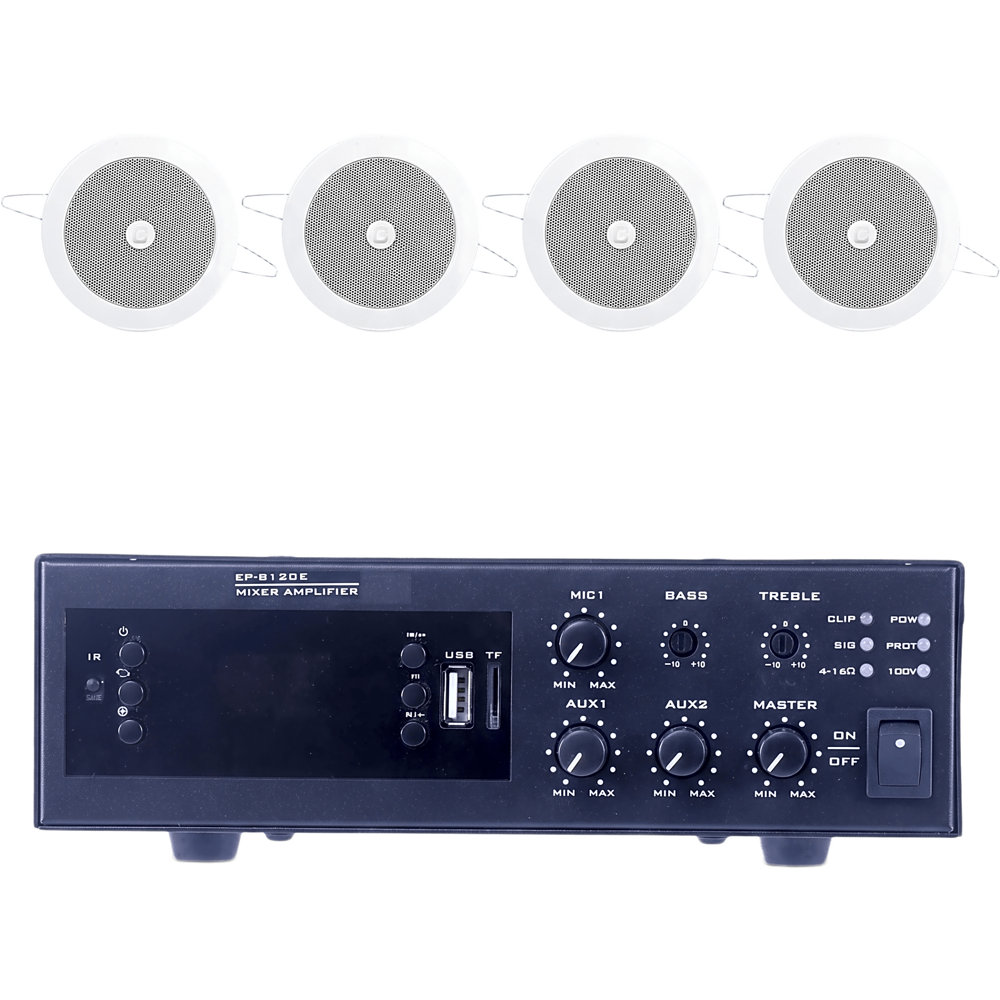 KIT de Amplificador de 120W para Escritorio | 4 Altavoces de Plafón de 4" | 3 - 6W | Sistema 70/100V — EPCOM PROAUDIO · SKU EPB120E/4CS