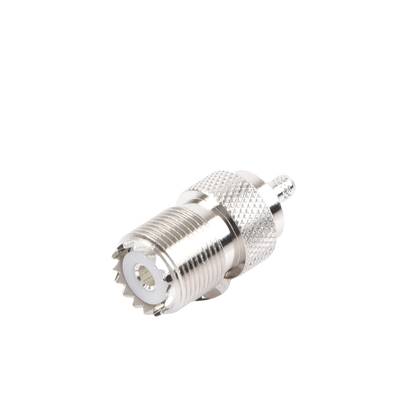 Conector UHF Hembra (SO-239) en Línea, de Anillo Plegable para Cable RG-58/U, RG-142/U, Níquel/ Plata/ Delrin.