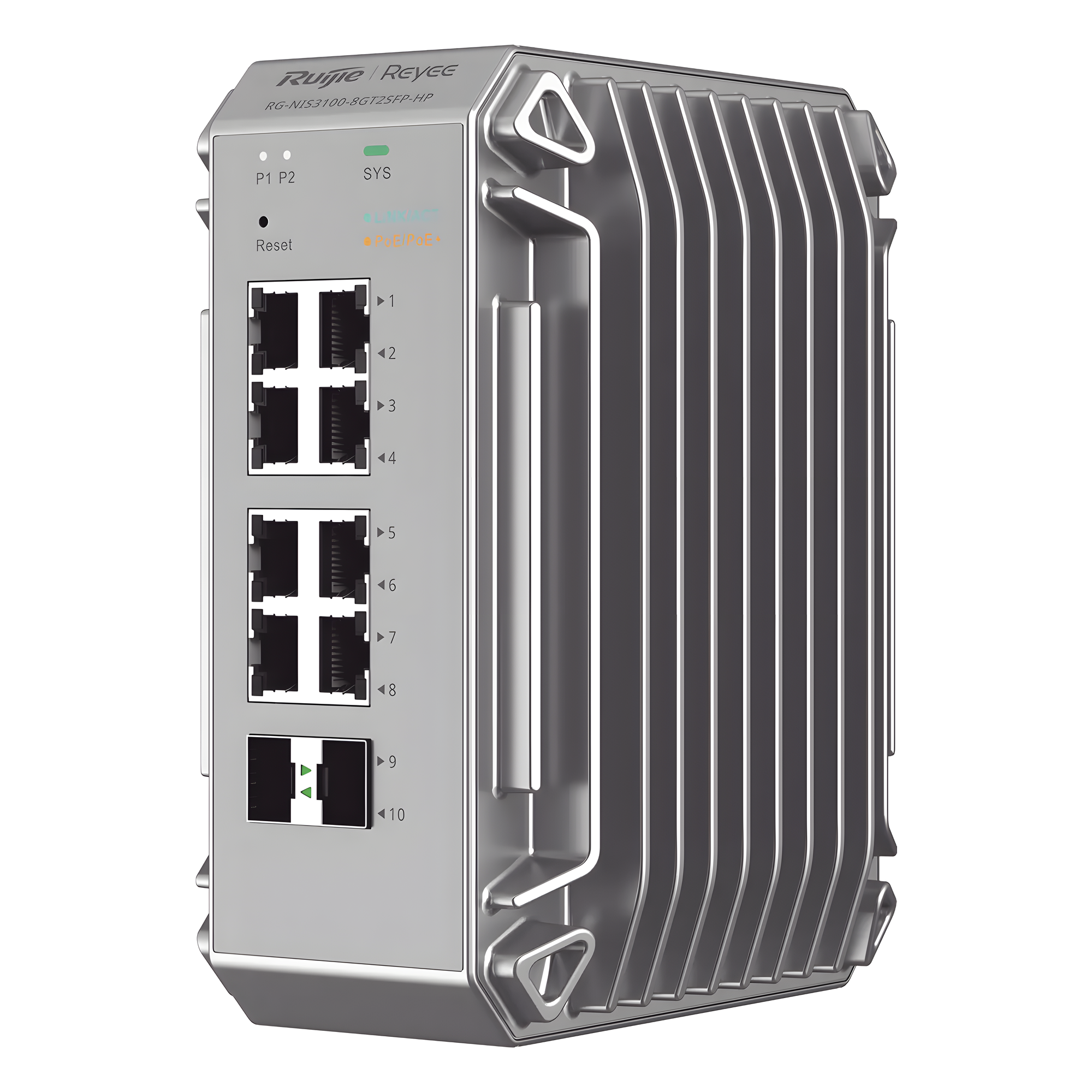 Switch Industrial PoE, Ideal para temperaturas Extremas y protección contra descargas, 8 puertos Gigabit PoE 802.3af/at + 2 SFP para fibra 1Gb, gestión gratuita desde la nube, 125w — RUIJIE · SKU RG-NIS3100-8GT2SFP-HP