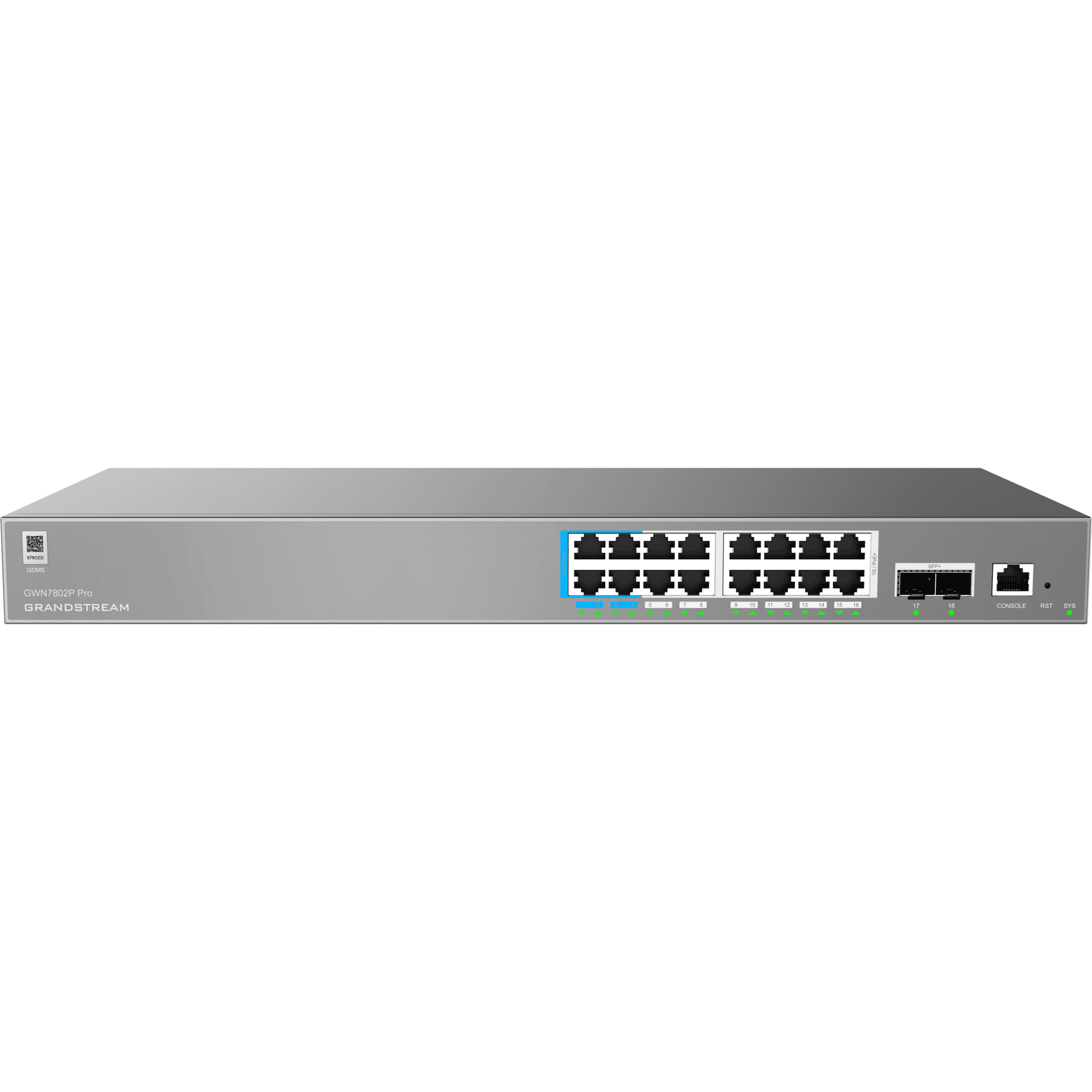 Switch de Red Empresarial L2++ / Serie GWN7800 Pro / 16 Puertos Gigabit PoE 250W / 2 Puertos SFP+ / Gestión Cloud GDMS / VLAN 4K / QoS Avanzado / Seguridad Integral