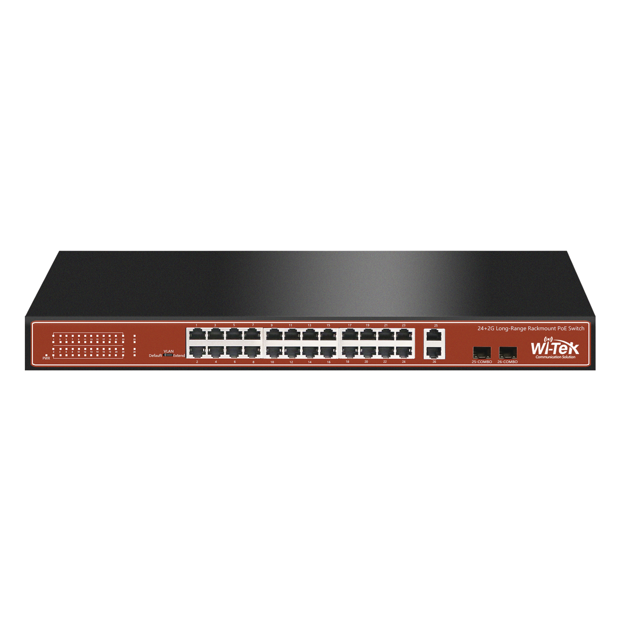 Switch PoE de largo alcance / 24 x 10/100Mbps + 2 x SFP Gigabit Combo / 250m / 250W / 802.3af/at/bt / 820 pies — WI-TEK · SKU WI-PS526G