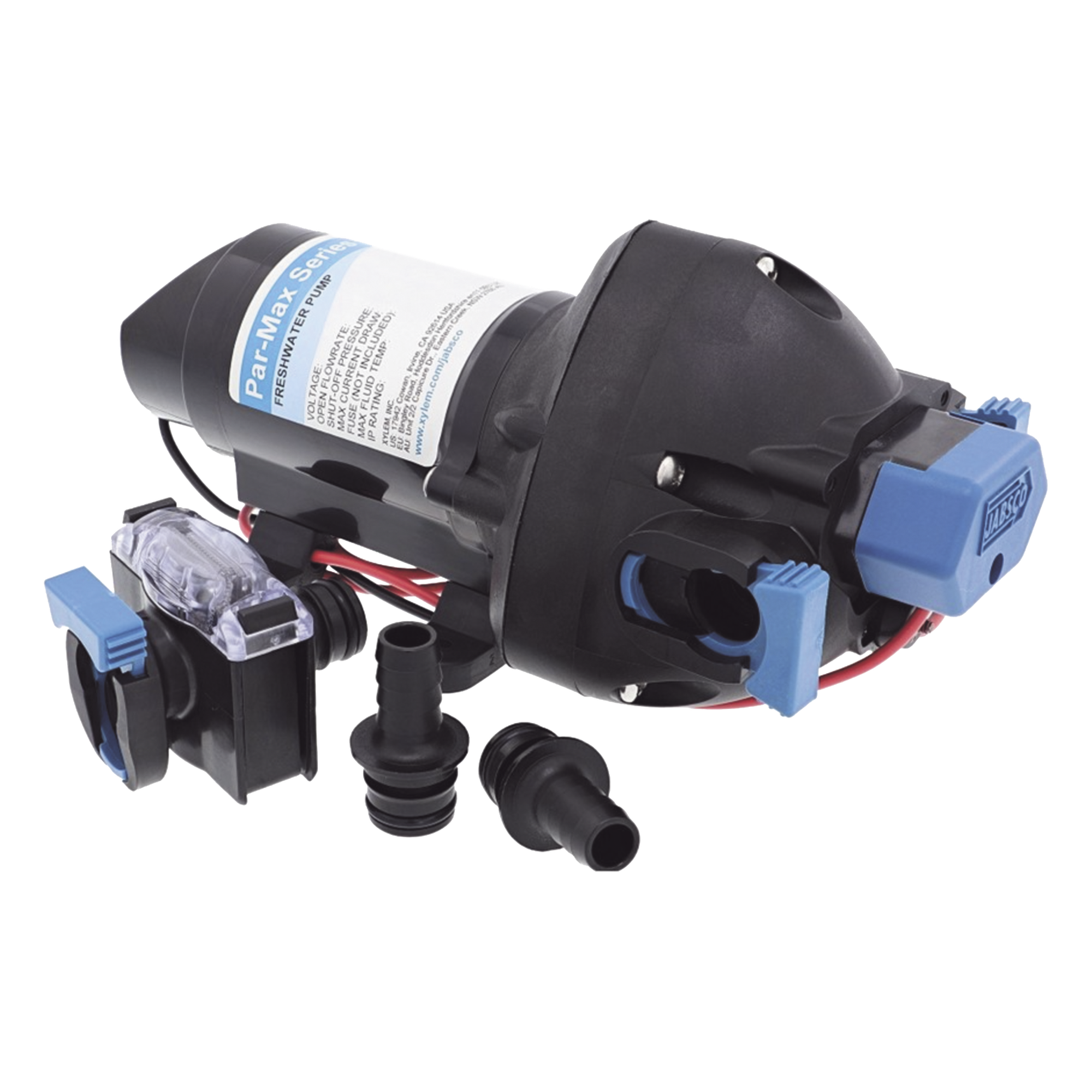Bomba controlada por presión Par Max a 12 Vcd, caudal de 2 GPM, presión máxima 35 psi, para manguera de entrada con orificio de 38 mm (1½”), manguera de descarga con orificio de 25 mm (1”) — JABSCO · SKU 31295-3512-3A