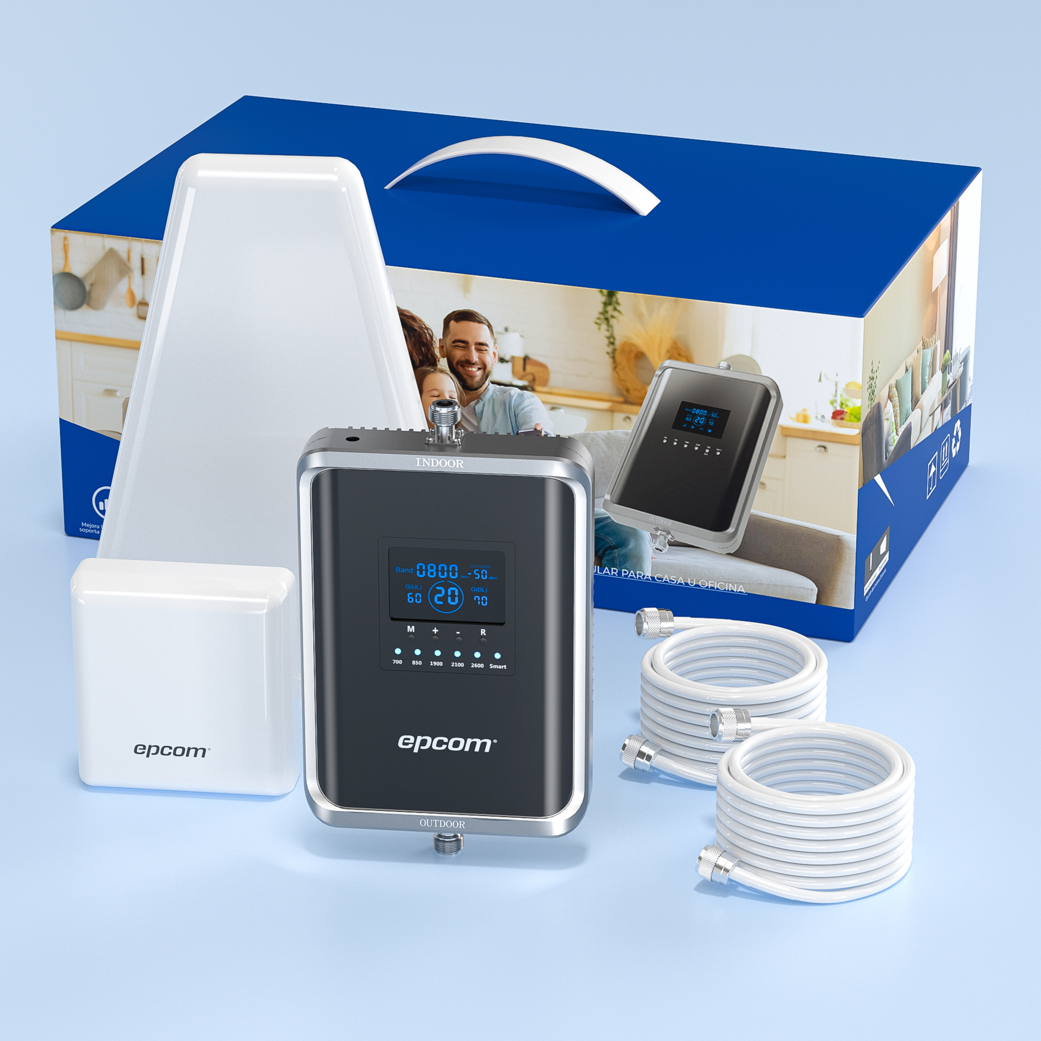 Kit Amplificador de Señal Celular 2G, 3G, 4G y 5G / Mejora llamadas convencionales y VoLTE / Amplifica señal de TELCEL, AT&T, MOVISTAR, BAIT,DiRi y más / Cubre hasta 300 m² con una antena y hasta 600 m² con 2 antenas.