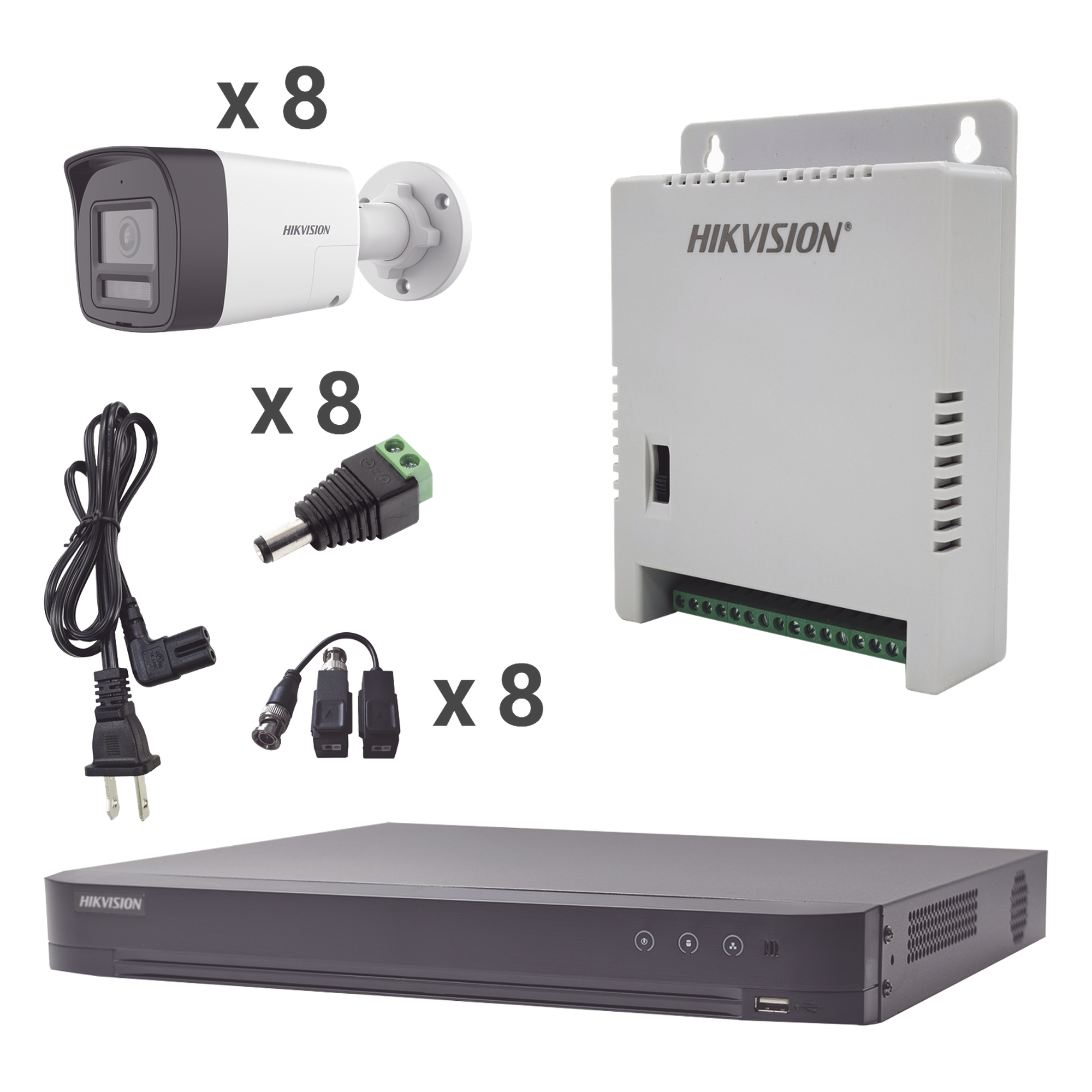 Kit Audio Bidireccional TurboHD 4K-3K / DVR 8 Canales 4K / 8 Cámaras Bala (Exterior) con Bocina y Microfóno Integrado 3K / 1 Fuentes de Poder / Accesorios — HIKVISION · SKU KH4K8BTWA