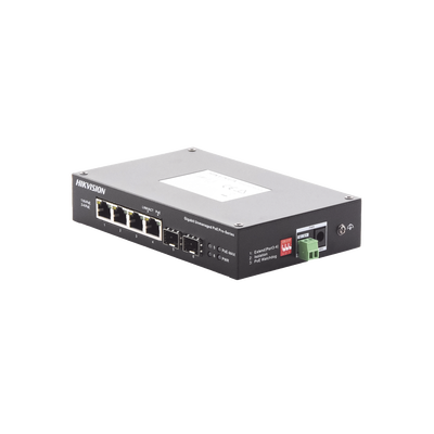 Switch Industrial No Administrable Gigabit / 3 Puertos Gigabit PoE+ (30 W) + 1 Puerto Gigabit PoE++ (60 W) / 2 Puertos SFP / 65 W Total / 48 a 57 VCD / Ideal para Proyectos / 300 Metros de Distancia