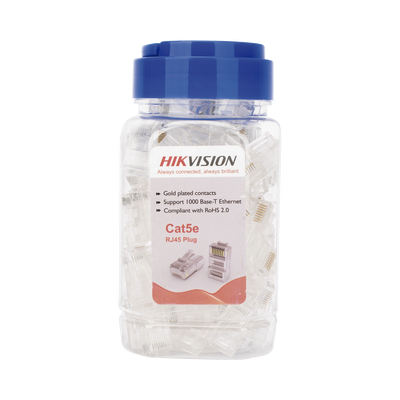 Bote con 100 Piezas de Plug Modular RJ45 / Cat 5e / Chapado en Oro a 30 Micras / Sin Blindaje / Fácil Instalación / Uso Interior / Soporta Norma TIA-568B / Cumple con RoHS 2.0 — HIKVISION · SKU DS-1M5EUA-30U