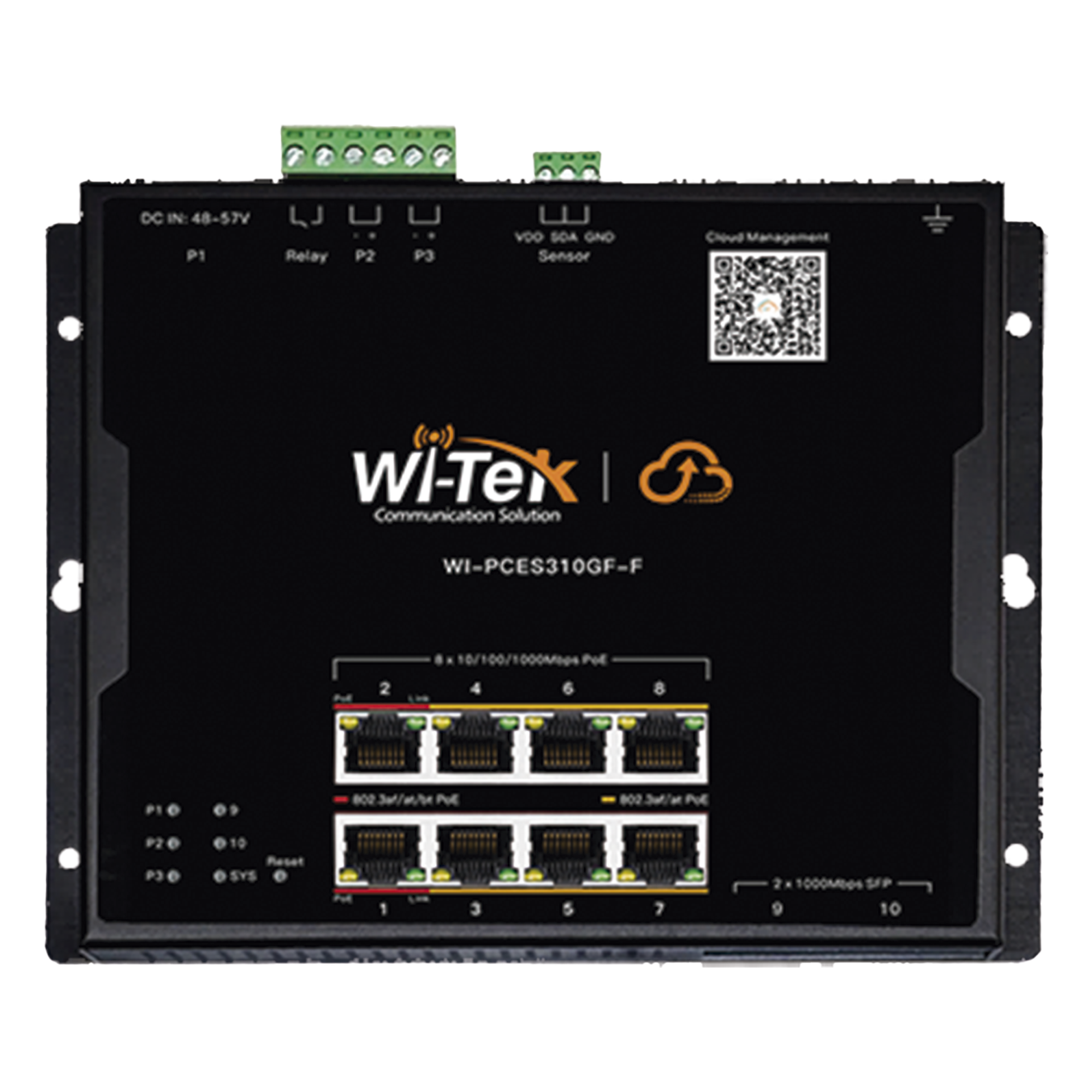 Switch L2 PoE Industrial / Administración Cloud Gratuita / 8 Puertos PoE af/at/bt 10/100/1000 Mbps / 2 Puertos SFP Gigabit / Máx Presupuesto PoE 145 W / Montaje Magnético - Riel DIN. — WI-TEK · SKU WI-PCES310GF-F