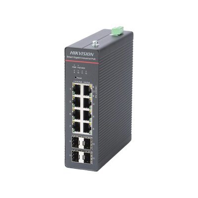 Switch Gigabit PoE+ / Industrial / Administrable / 4 Puertos Gigabit PoE+ (90 W) + 4 Puertos Gigabit PoE+(30 W) / 4 Puertos Gigabit SFP / 300 W Total / 48 a 57 VCD / Ideal para Proyectos / 300 Metros de Distancia — HIKVISION · SKU DS-3T1512HP-SI-8P4F