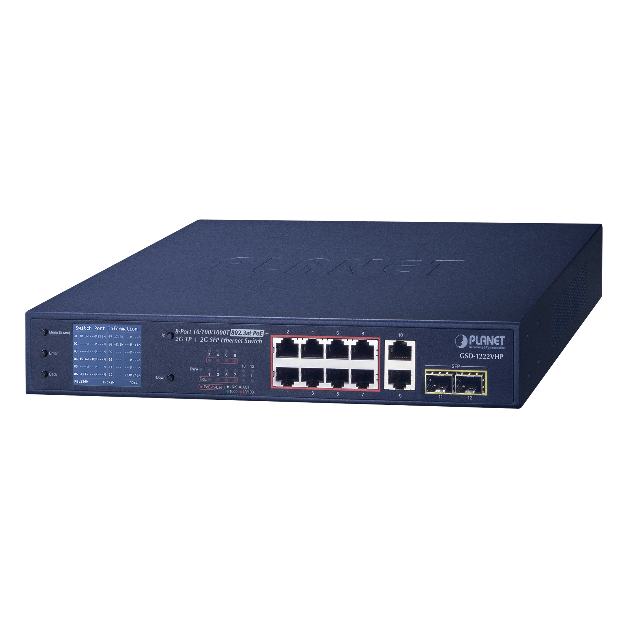 Switch No Administrable 8 Puertos Gigabit con Modo Extender a 250 m, 2 Puertos Uplink 10/100/1000 Mbps, 2 Puertos SFP — PLANET · SKU GSD-1222VHP