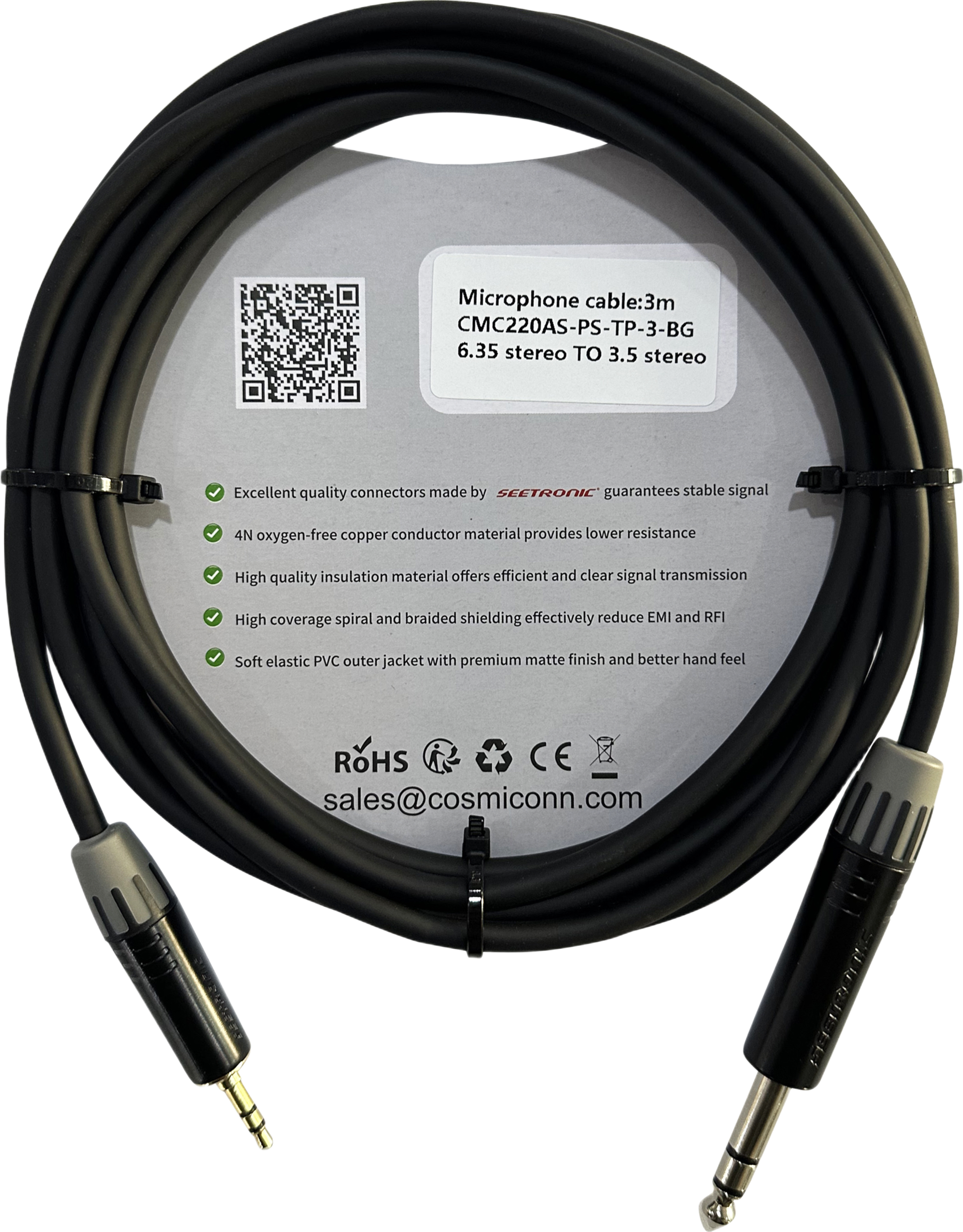 Cable 6.35mm a 3.5mm, conectores color negro MP3X-B - MTP3C-BG, length 3m