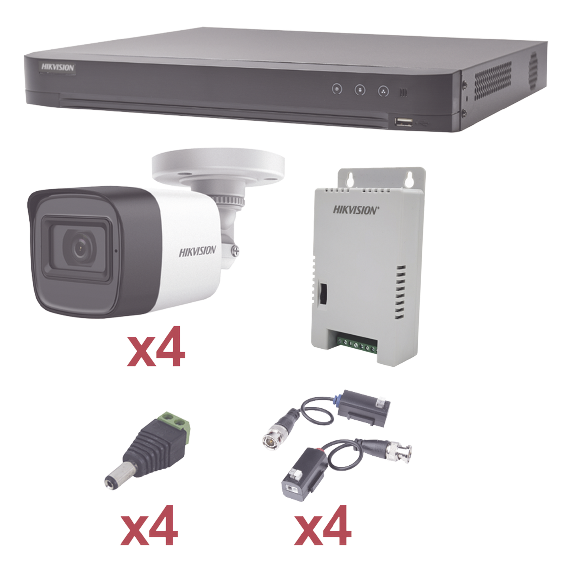 KIT TurboHD 1080p / DVR 4 Canales / 4 Cámaras Bala (exterior 2.8 mm) / Transceptores / Conectores / Fuente de Poder Profesional — HIKVISION · SKU KH1080P4BW