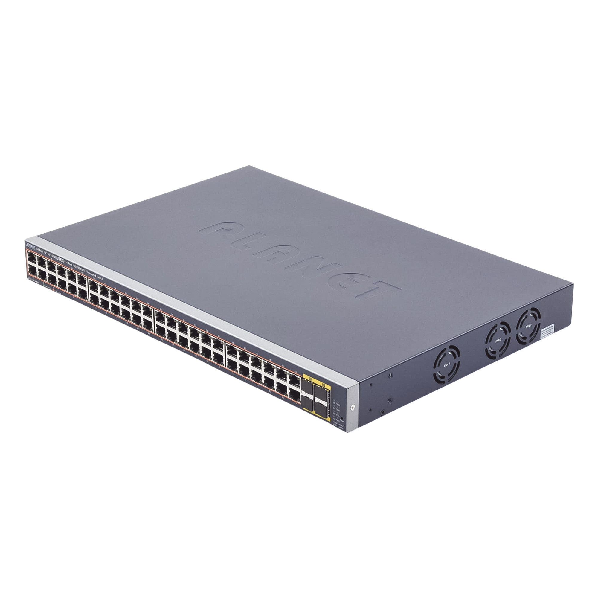 Switch Administrable de 48-Puertos 10/100/1000T 802.3at PoE + 4-Puertos 100/1000BASE-X SFP / 440W — PLANET · SKU GS-4210-48P4S