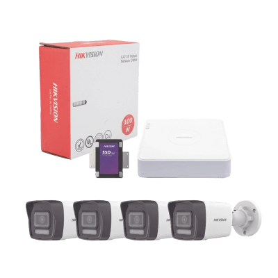 Kit IP 4 Megapixel / NVR de 4 Canales con 4 Puertos PoE / 4 Cámaras IP Bala Dual Light (IR + Luz Blanca) con Microfono Integrado y ACUSENSE Lite para Exterior/ Bobina de Cable de 100 mts / SSD de 1 TB — HIKVISION · SKU KIT4MP/4B/1TB