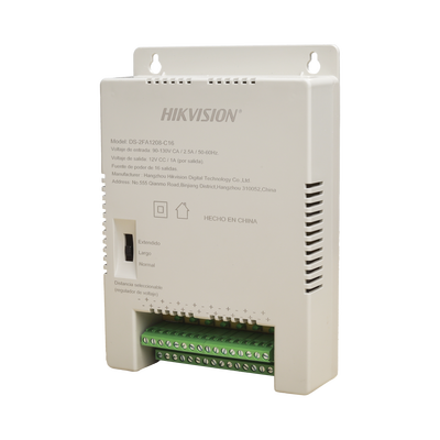 Fuente de Poder Regulada 12 Vcc / 13.5 Vcc / 15 Vcc para 16 Cámaras / 16 Amp (1 Amp por Salida) / Voltaje de Entrada 90 - 130 VCA / Soporta 4K / Modo para Largas Distancias — HIKVISION · SKU DS-2FA1208-C16/K